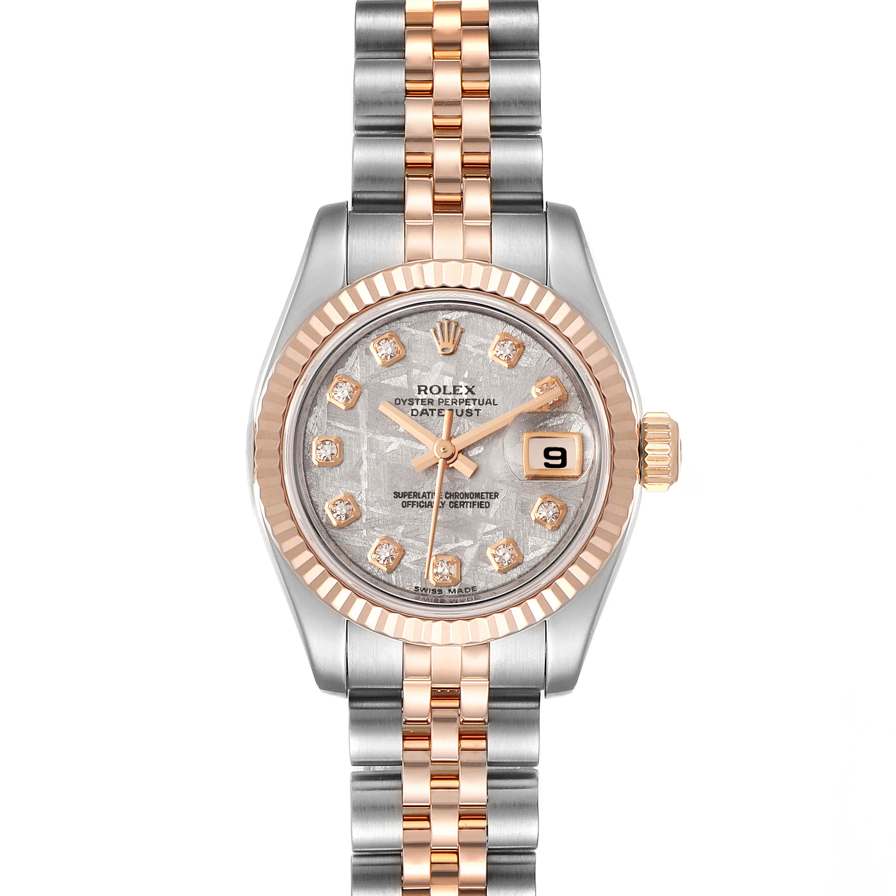 This is a front-angle view of a Rolex Datejust 179171 Women's Steel and Gold (two tone) Silver Dial 179171 Women's Steel and Gold (two tone) Silver Dial watch, showing its face, bezel, and two-tone bracelet.