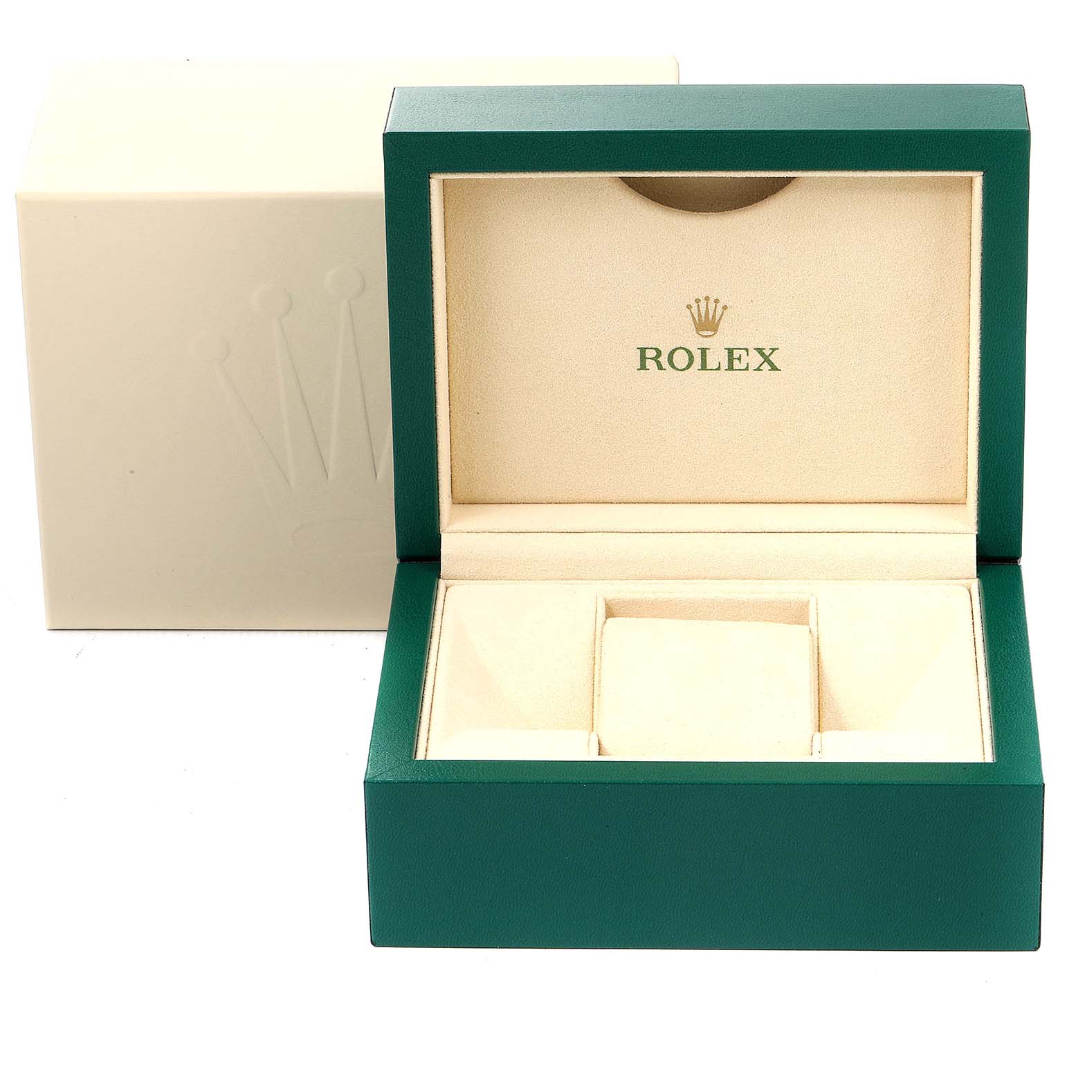 This image shows an open Rolex Datejust 179171 Women's Steel and Gold (two tone) Silver Dial 179171 Women's Steel and Gold (two tone) Silver Dial watch box with a green exterior and beige interior.
