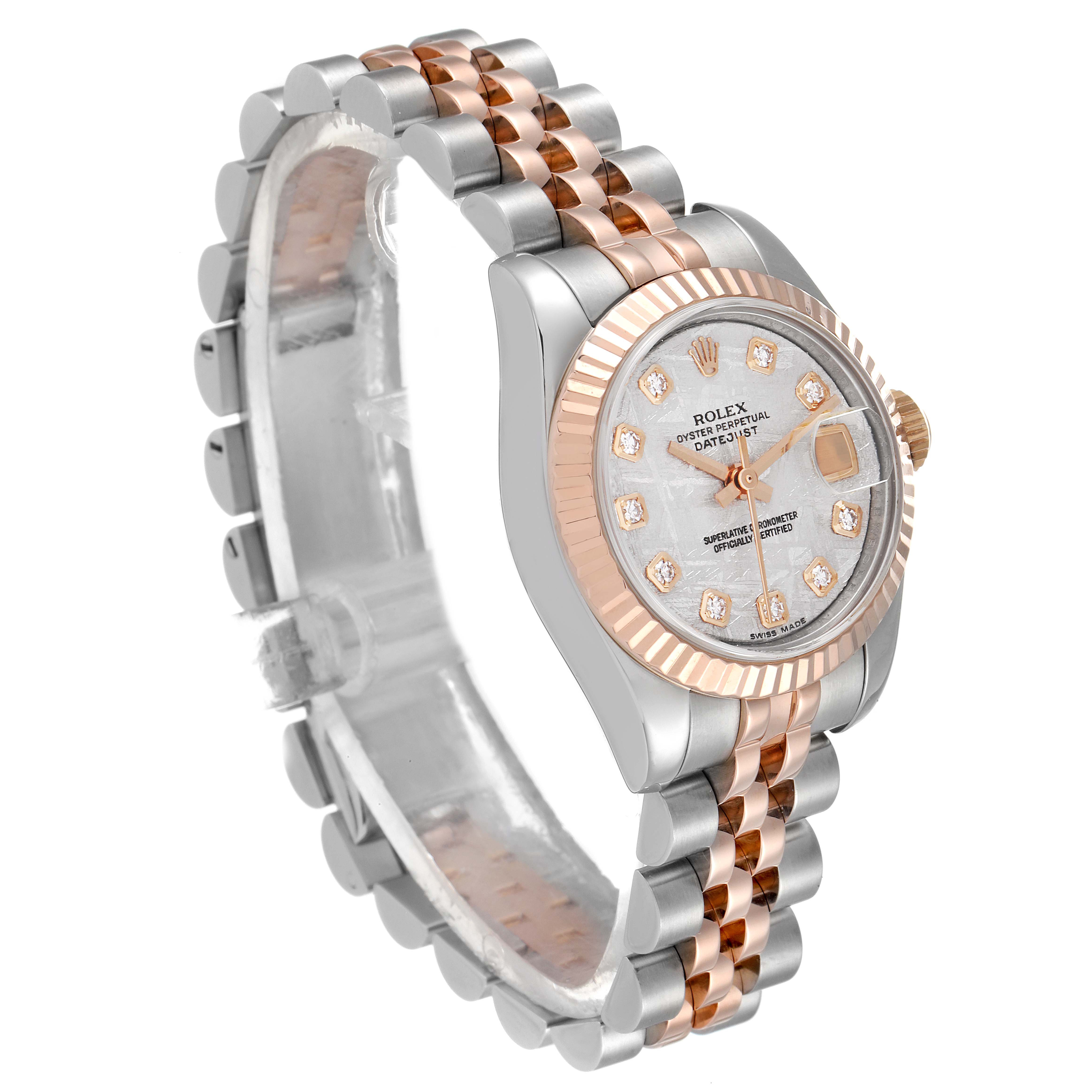 The image shows a Rolex Datejust 179171 Women's Steel and Gold (two tone) Silver Dial 179171 Women's Steel and Gold (two tone) Silver Dial watch at a slight angled side view, highlighting the dial, case, bezel, and bracelet.