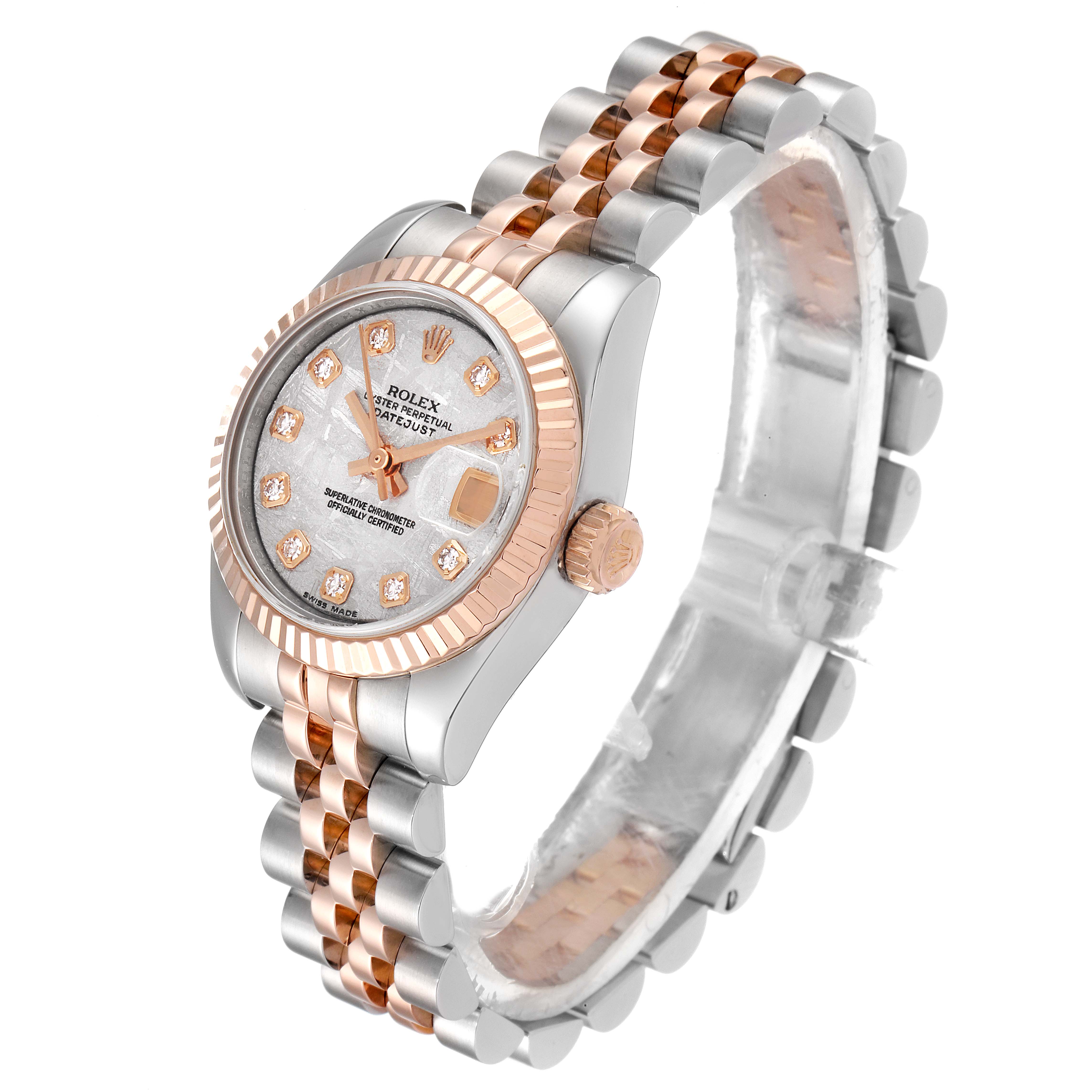 This image shows a Rolex Datejust 179171 Women's Steel and Gold (two tone) Silver Dial 179171 Women's Steel and Gold (two tone) Silver Dial watch at a three-quarter angle, highlighting its dial, bezel, and Jubilee bracelet.