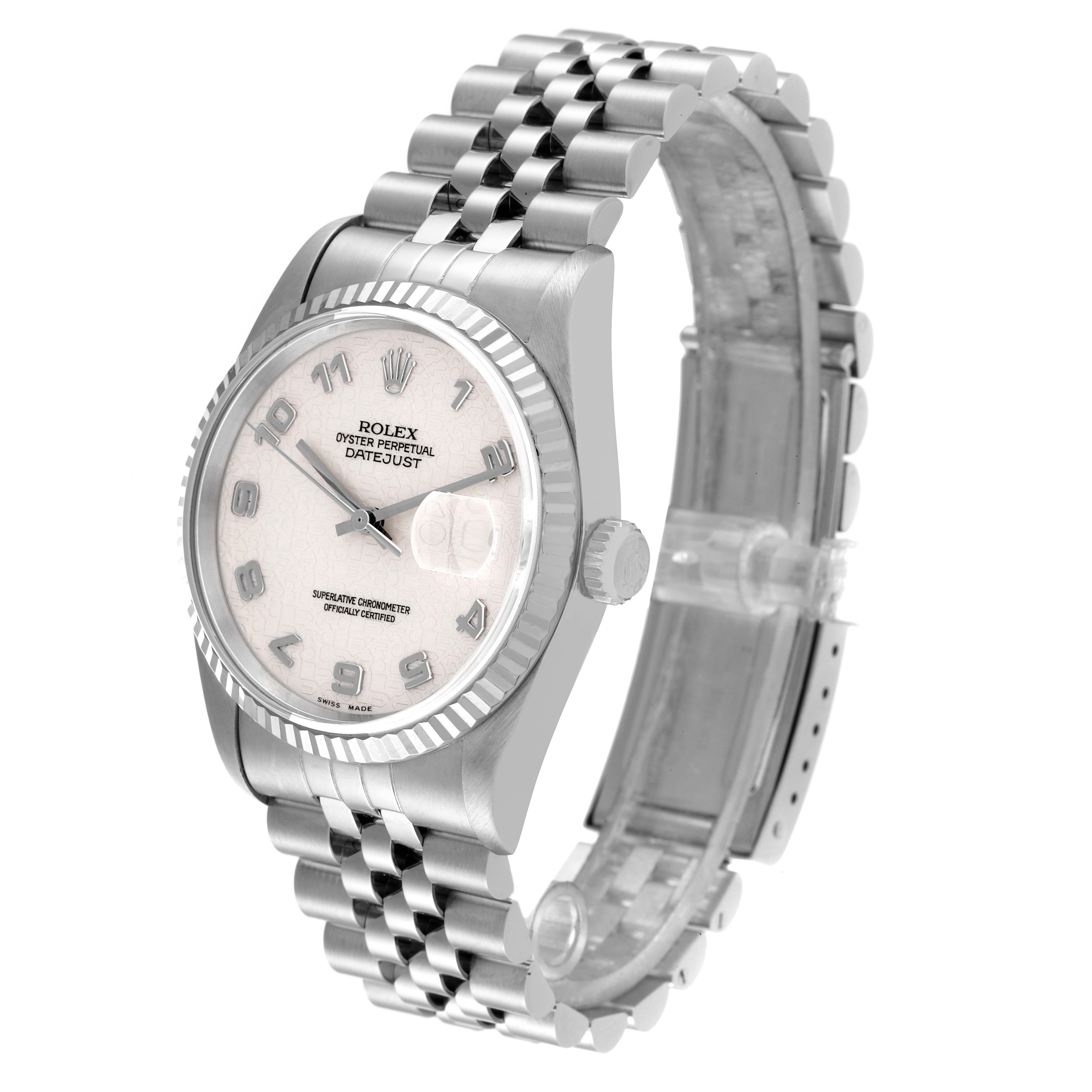 The Rolex Datejust 16234 Men's Stainless Steel Silver Dial 16234 Men's Stainless Steel Silver Dial is displayed at a side angle, showing its silver dial, fluted bezel, and Jubilee bracelet.