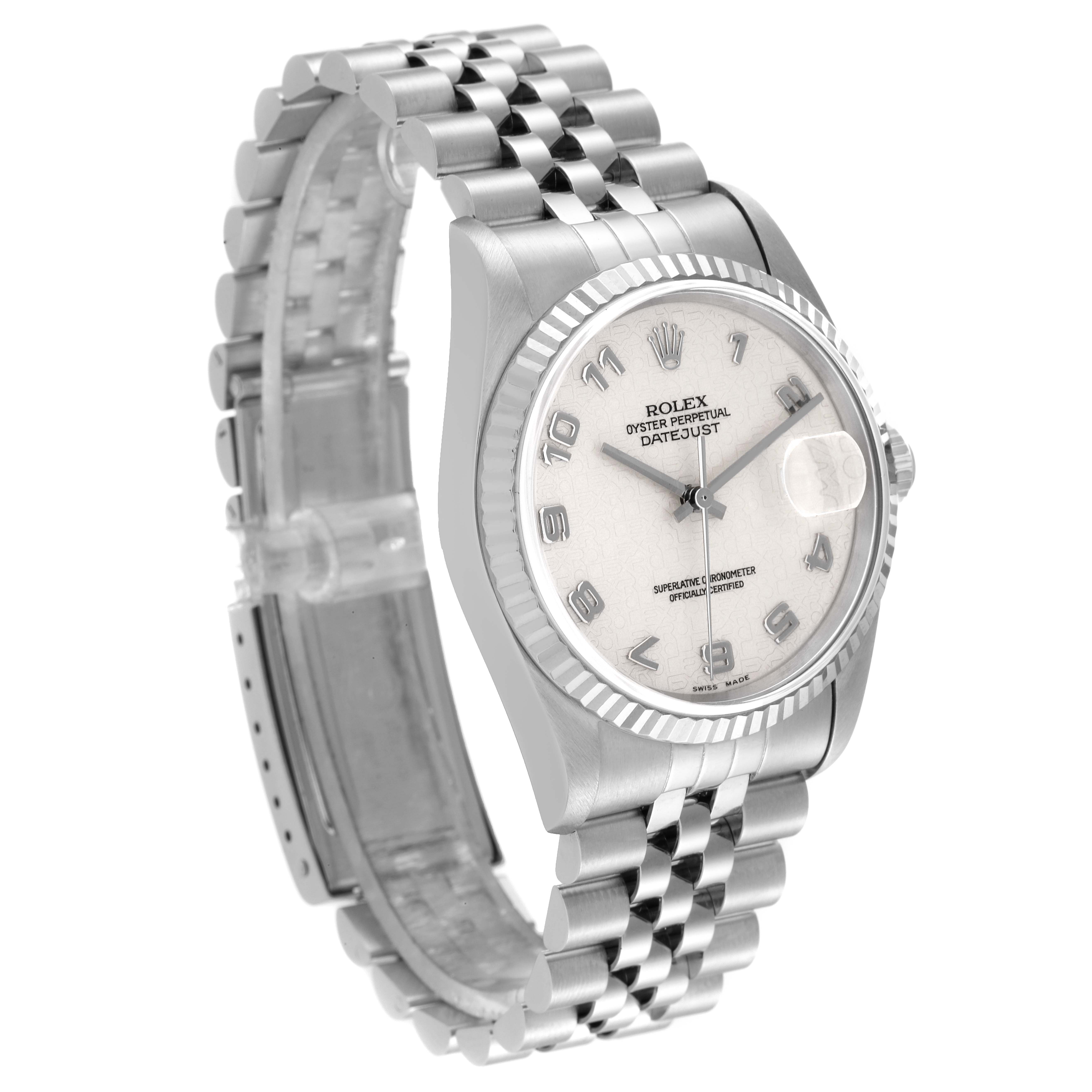 The image shows a Rolex Datejust 16234 Men's Stainless Steel Silver Dial 16234 Men's Stainless Steel Silver Dial watch from a left-front angle, highlighting the dial, bezel, and bracelet.