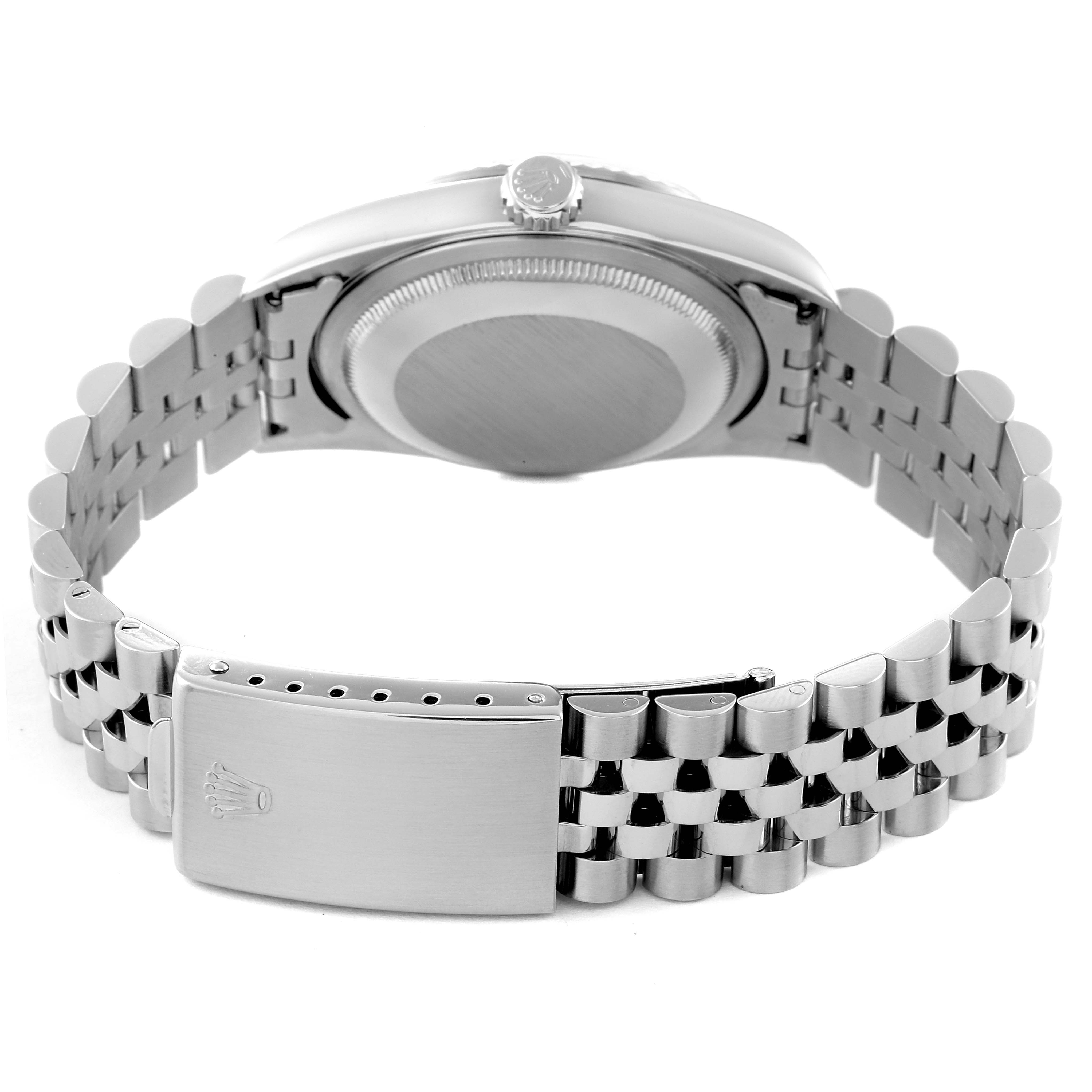 The image shows the back view of a Rolex Datejust 16234 Men's Stainless Steel Silver Dial 16234 Men's Stainless Steel Silver Dial watch, highlighting its bracelet and clasp.