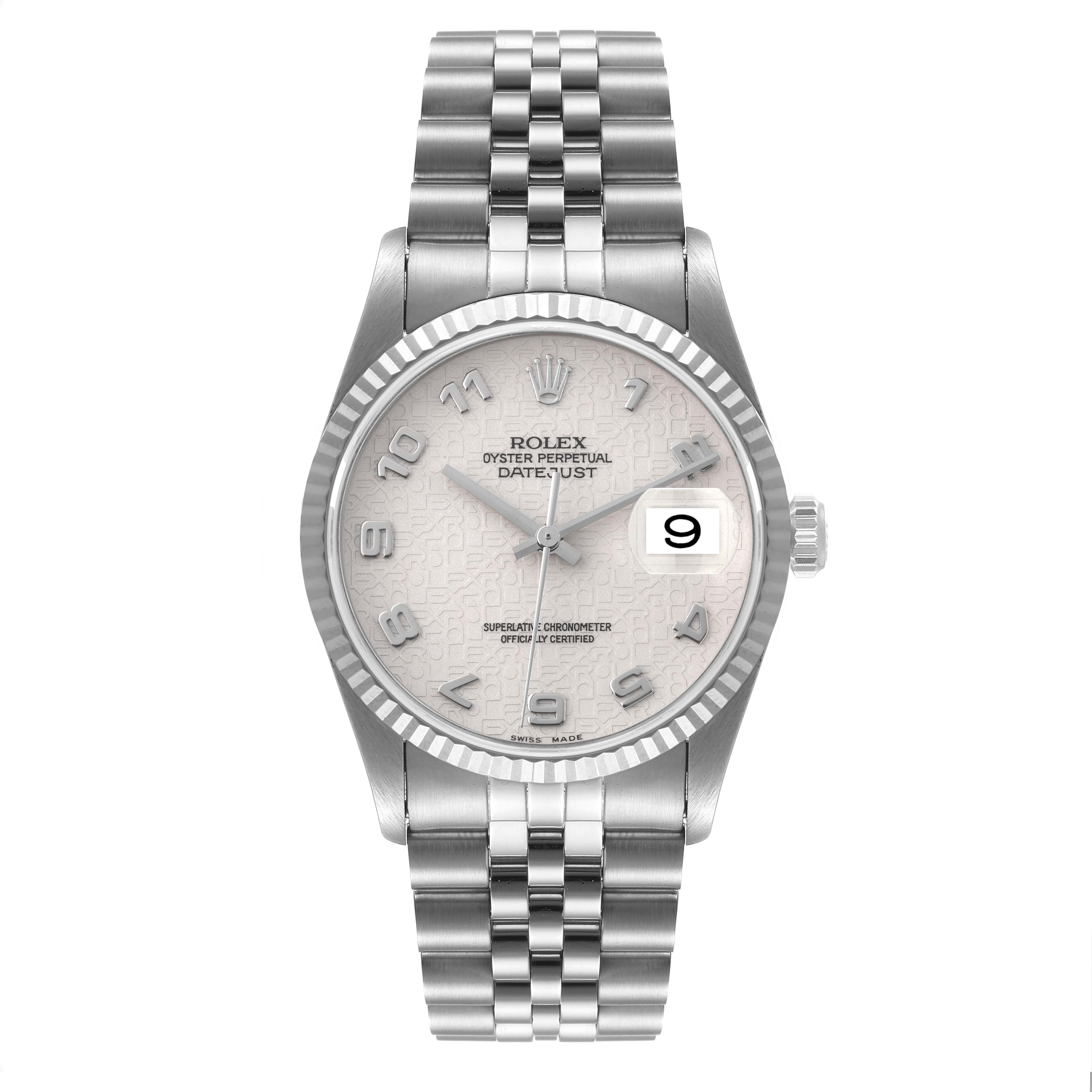 This is a head-on view of the Rolex Datejust 16234 Men's Stainless Steel Silver Dial 16234 Men's Stainless Steel Silver Dial watch, highlighting its dial, bezel, and bracelet.