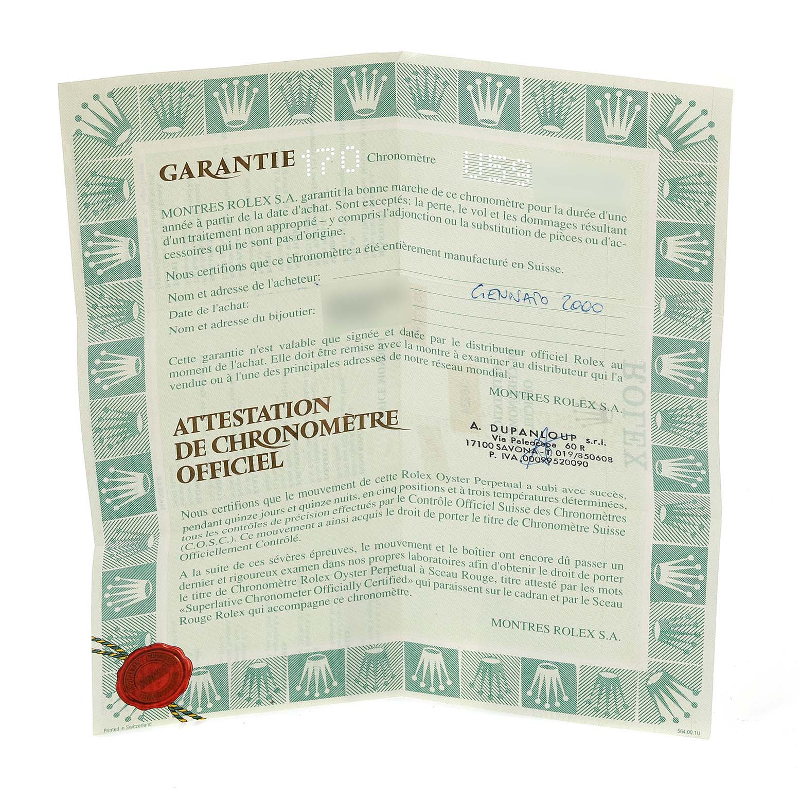 This image shows a certificate of guarantee for the Rolex Datejust 16234 Men's Stainless Steel Silver Dial 16234 Men's Stainless Steel Silver Dial watch, including warranty and chronometer certification details.