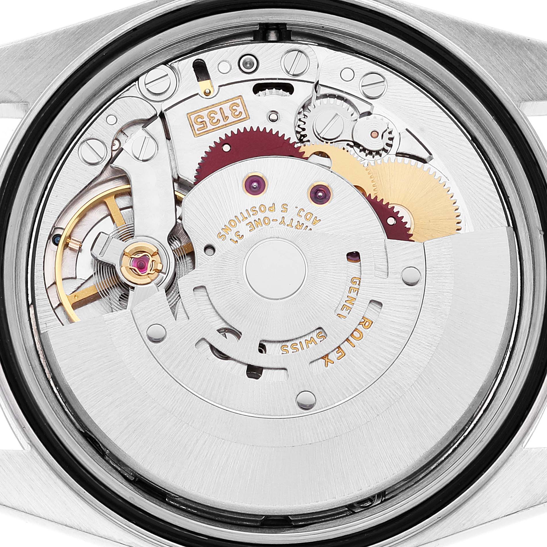 This image shows the internal mechanism and movement of a Rolex Datejust 16234 Men's Stainless Steel Silver Dial 16234 Men's Stainless Steel Silver Dial watch from a backside view.