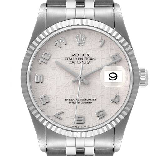 Photo of Rolex Datejust Steel White Gold Anniversary Arabic Dial Mens Watch 16234 Papers