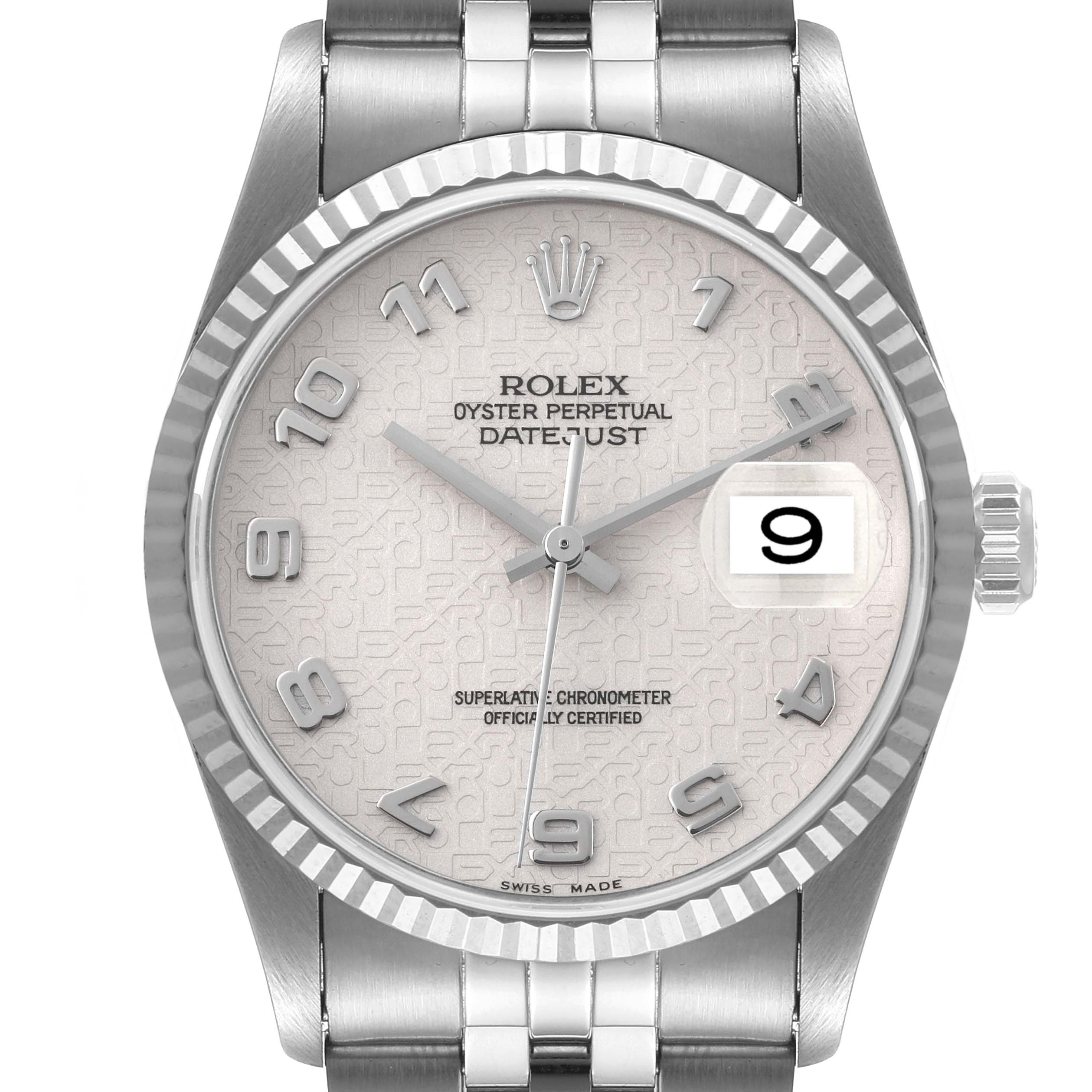 The image shows a frontal view of the Rolex Datejust 16234 Men's Stainless Steel Silver Dial 16234 Men's Stainless Steel Silver Dial watch, highlighting its dial, hands, bezel, and part of the bracelet.