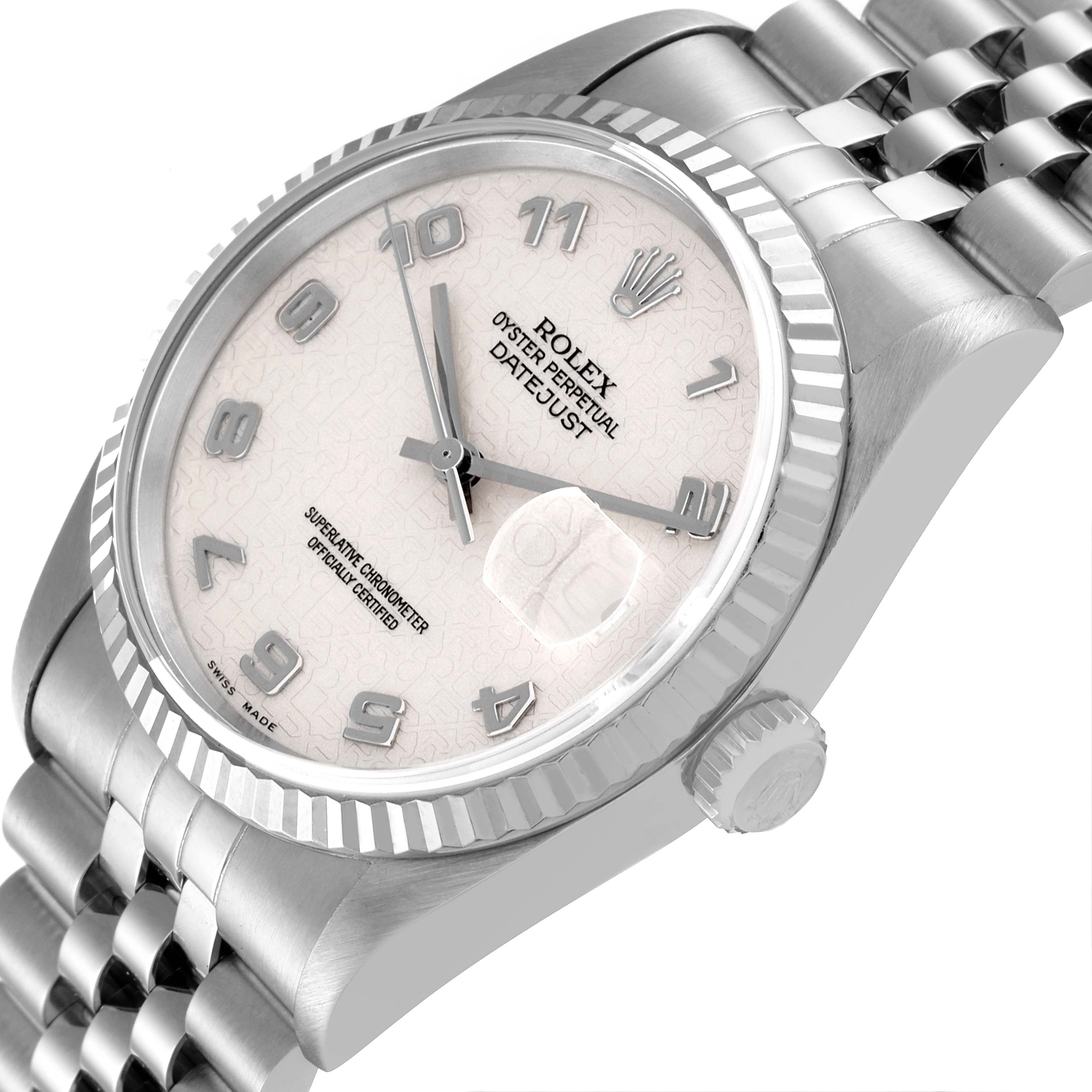The image shows a close-up side angle of a Rolex Datejust 16234 Men's Stainless Steel Silver Dial 16234 Men's Stainless Steel Silver Dial watch, highlighting its face, bezel, crown, and bracelet.
