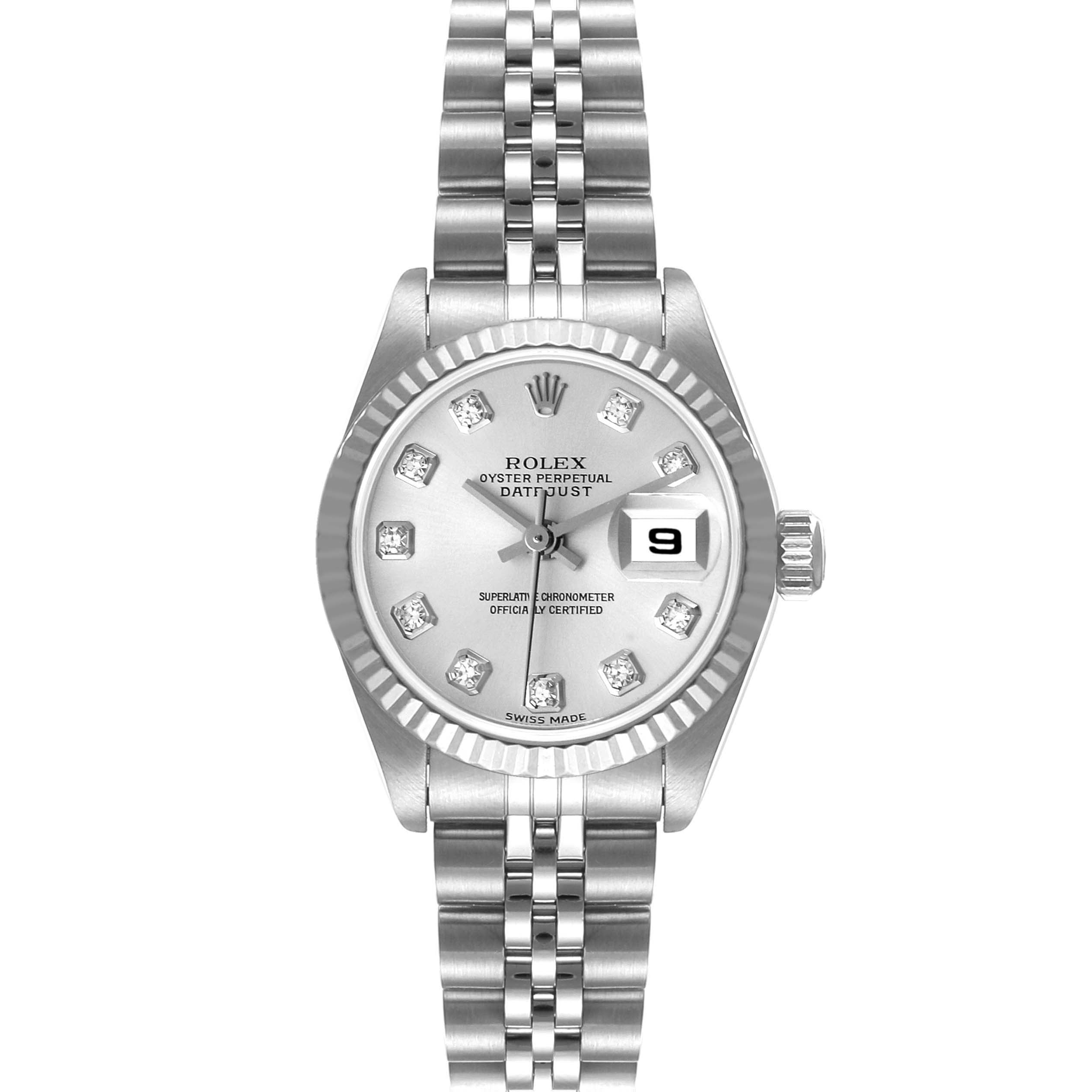 The Rolex Datejust 79174 Women's Stainless Steel Silver Dial 79174 Women's Stainless Steel Silver Dial watch is shown from a front angle, highlighting the dial, hour markers, date window, and bracelet.