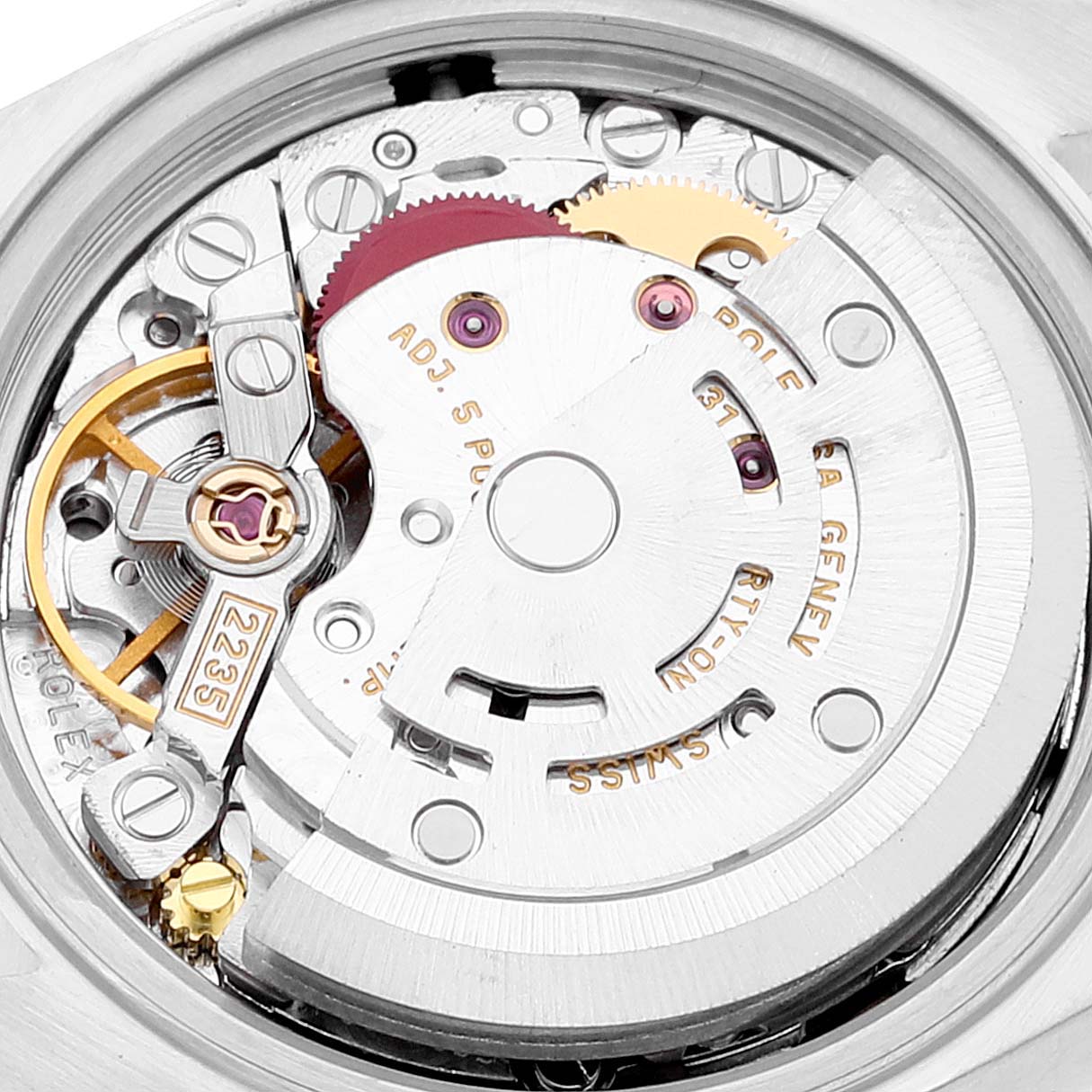 This image shows the movement mechanism of a Rolex Datejust 79174 Women's Stainless Steel Silver Dial 79174 Women's Stainless Steel Silver Dial watch from a top-down angle.