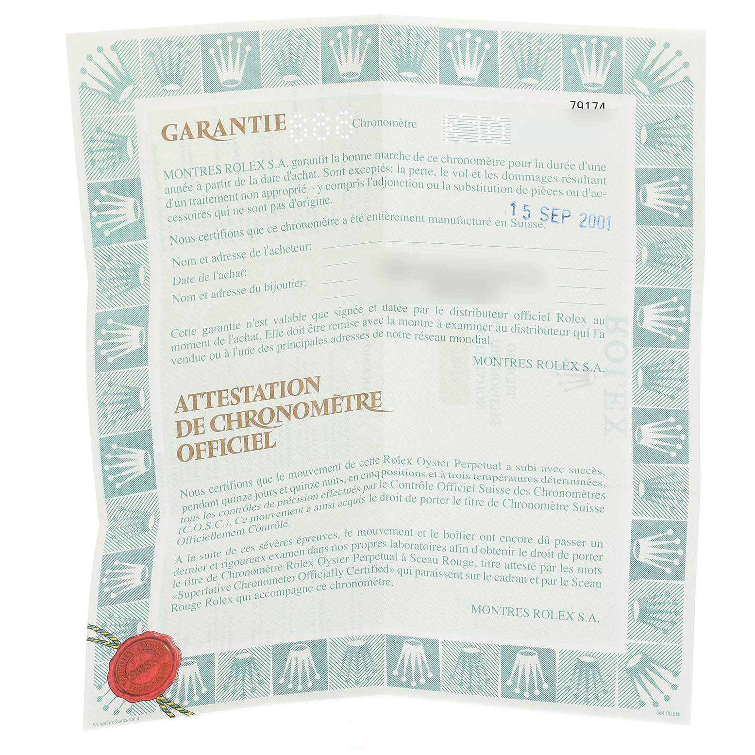 This is an official warranty and chronometer certificate for a Rolex Datejust 79174 Women's Stainless Steel Silver Dial 79174 Women's Stainless Steel Silver Dial watch.