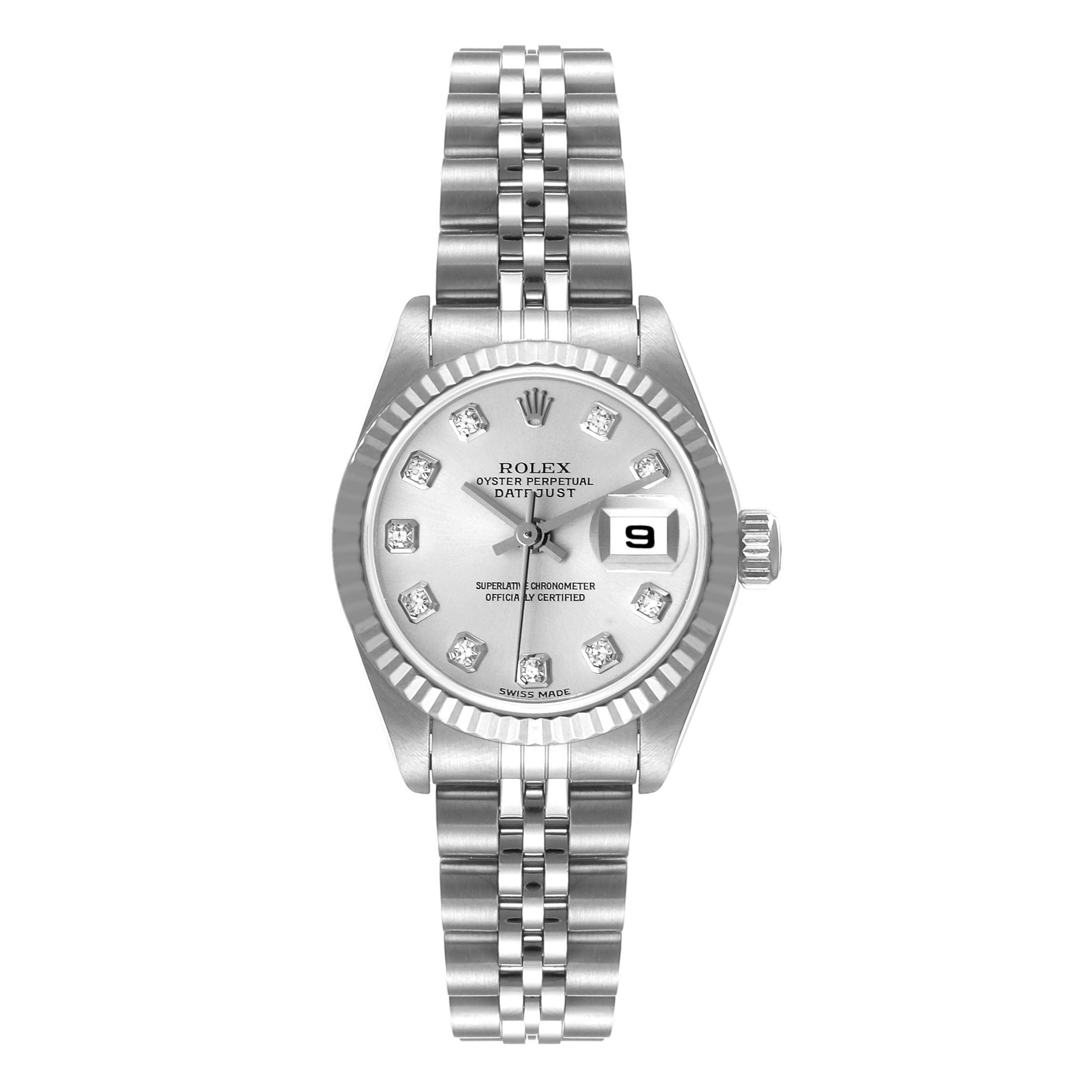 The image shows a front view of a Rolex Datejust 79174 Women's Stainless Steel Silver Dial 79174 Women's Stainless Steel Silver Dial watch, displaying its face, bezel, and bracelet.