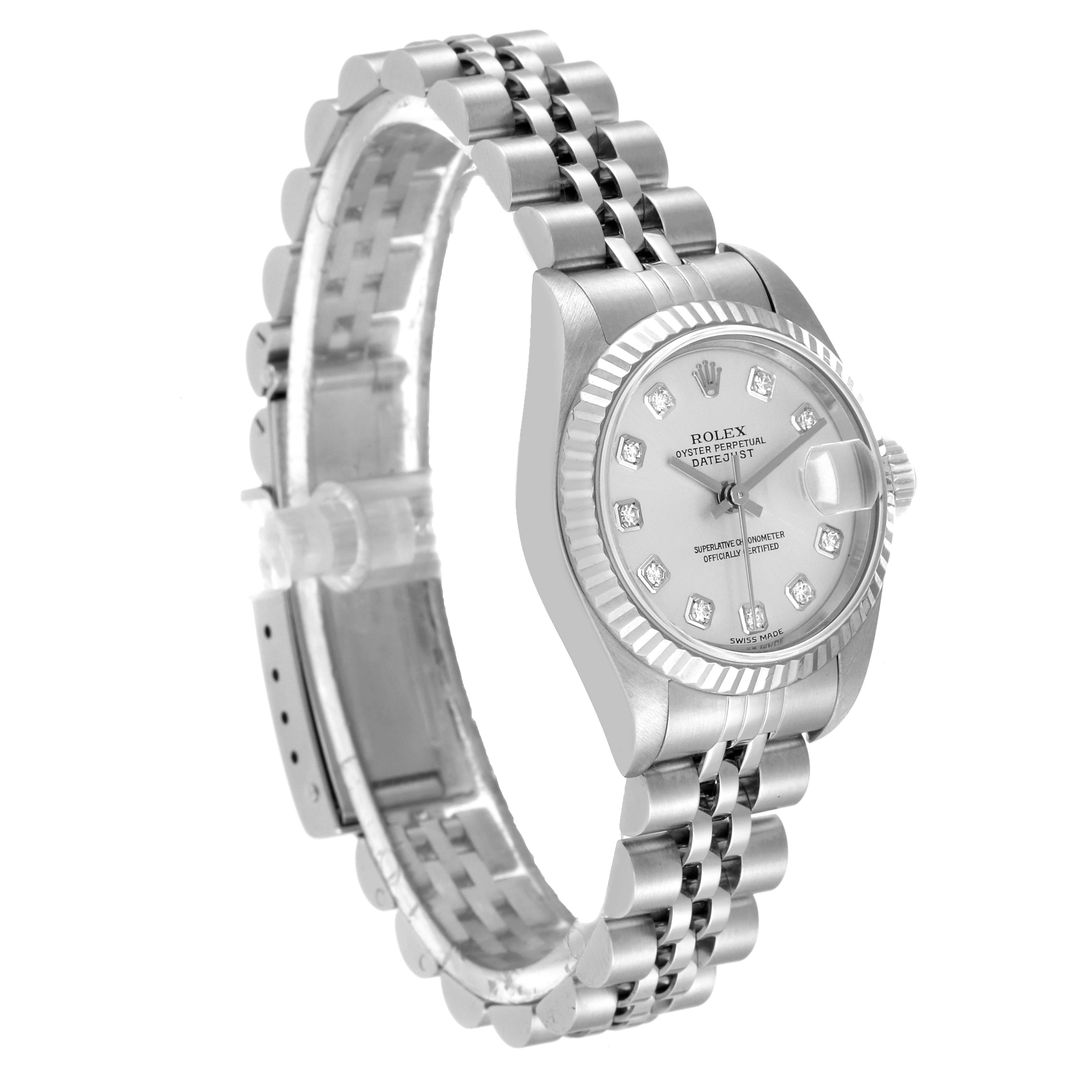 The image shows a Rolex Datejust 79174 Women's Stainless Steel Silver Dial 79174 Women's Stainless Steel Silver Dial watch at an angled view, highlighting its bracelet, case, and diamond-set dial.