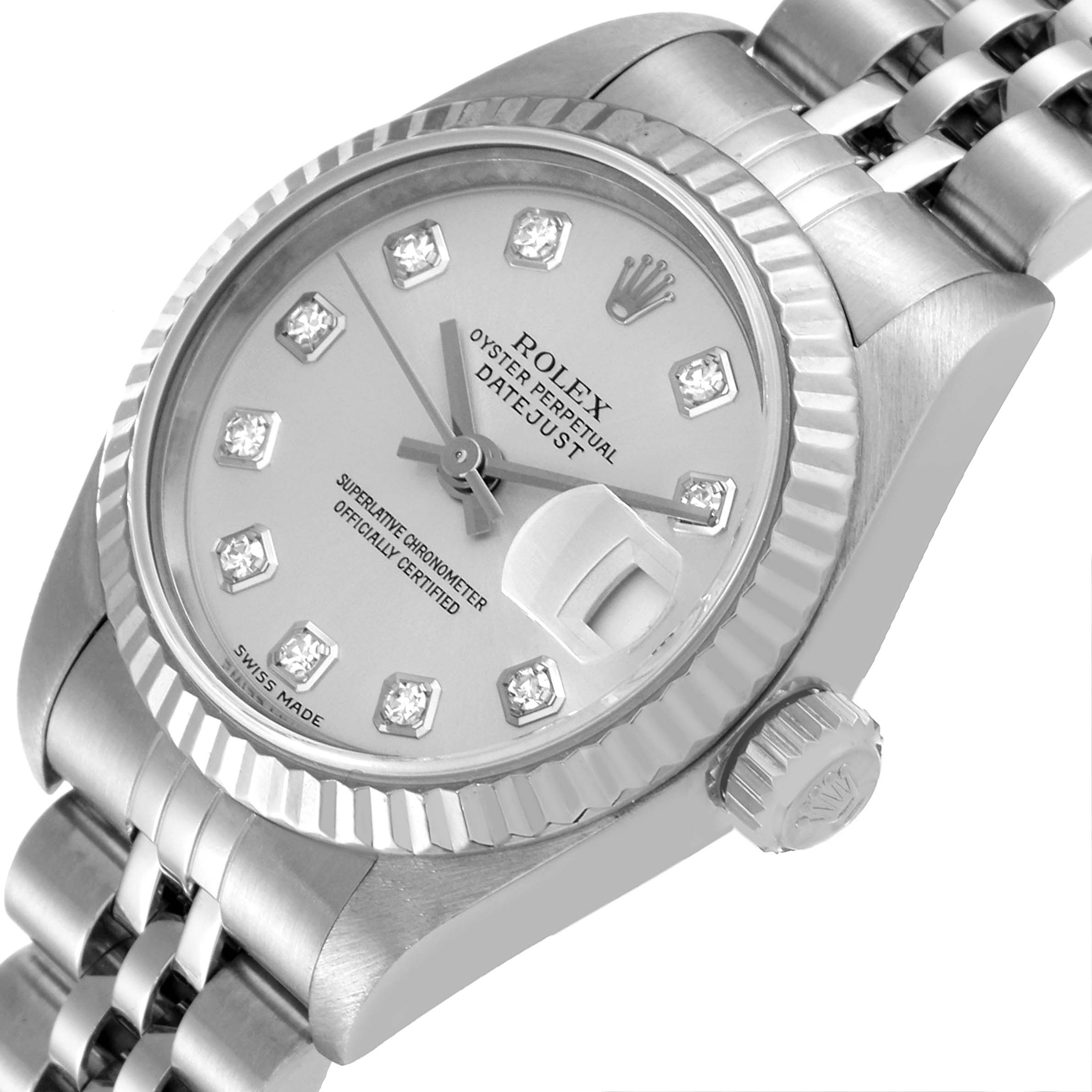 The Rolex Datejust 79174 Women's Stainless Steel Silver Dial 79174 Women's Stainless Steel Silver Dial watch is shown at an angle revealing its face, bezel, crown, and part of its bracelet.