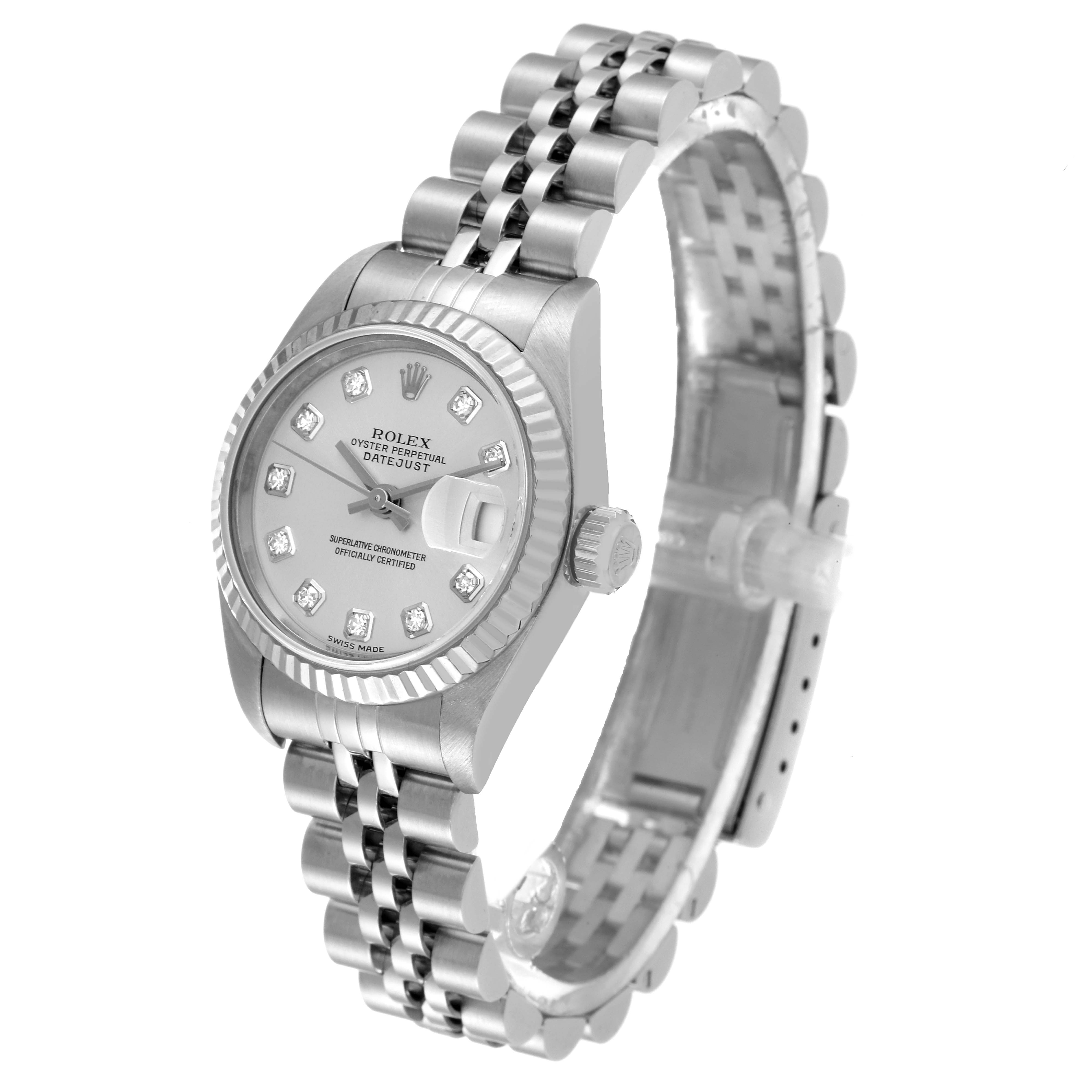 This image displays a Rolex Datejust 79174 Women's Stainless Steel Silver Dial 79174 Women's Stainless Steel Silver Dial watch at a three-quarter angle, showcasing its face and band.