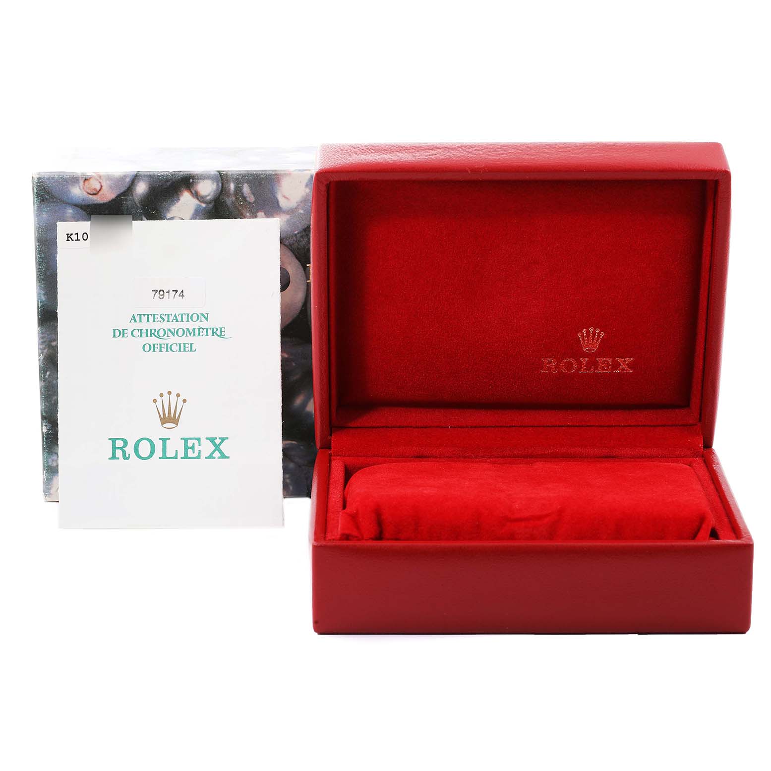 The image shows a red Rolex Datejust 79174 Women's Stainless Steel Silver Dial 79174 Women's Stainless Steel Silver Dial model watch box and the official chronometer certification paper.