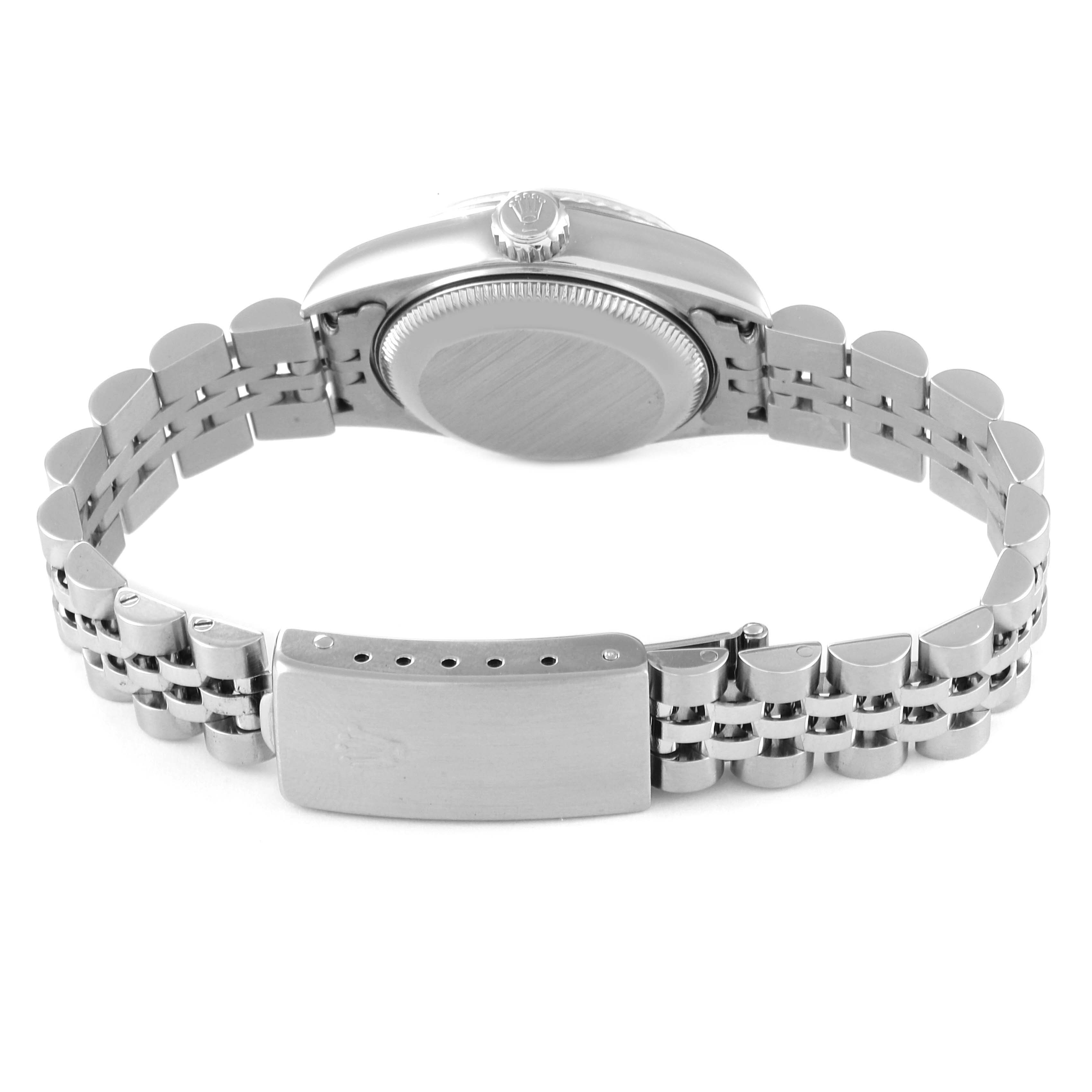 The image shows the backside and band of a Rolex Datejust 79174 Women's Stainless Steel Silver Dial 79174 Women's Stainless Steel Silver Dial watch from a rear angle, highlighting the case back and jubilee bracelet.