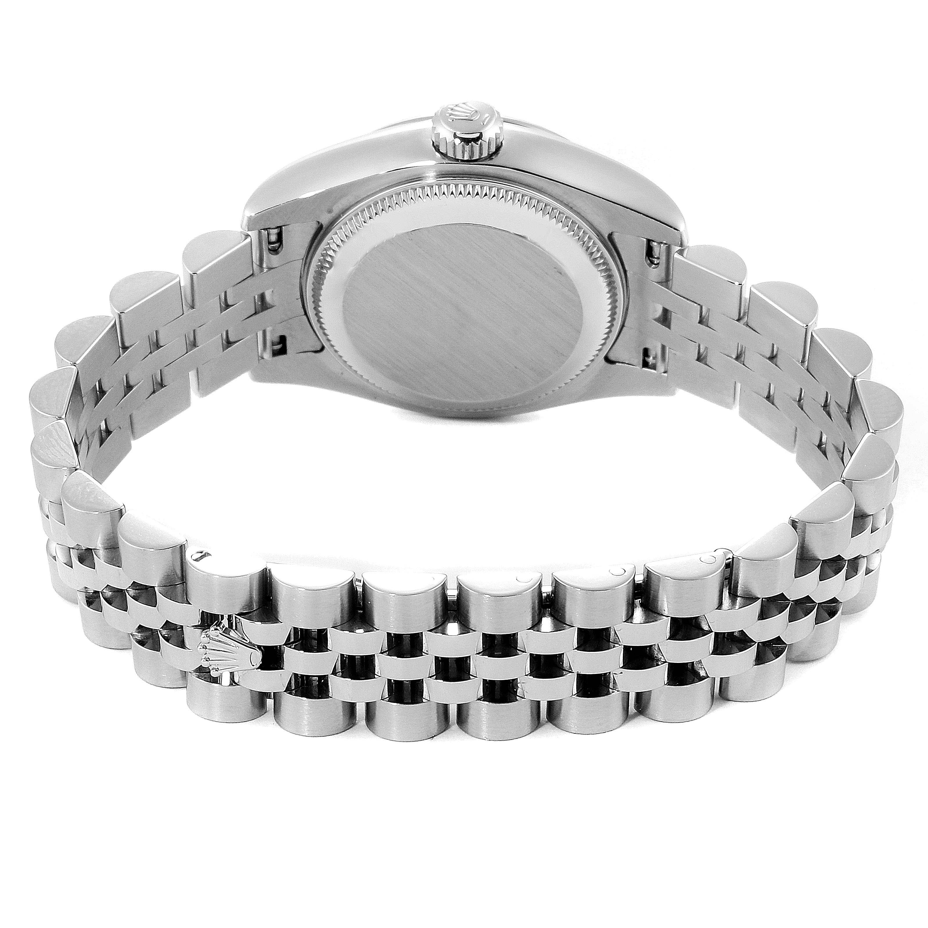 The image shows the back view of a Rolex Datejust 179174 Women
s Stainless Steel White Dial 179174 Women
s Stainless Steel White Dial watch, highlighting the case back and bracelet.