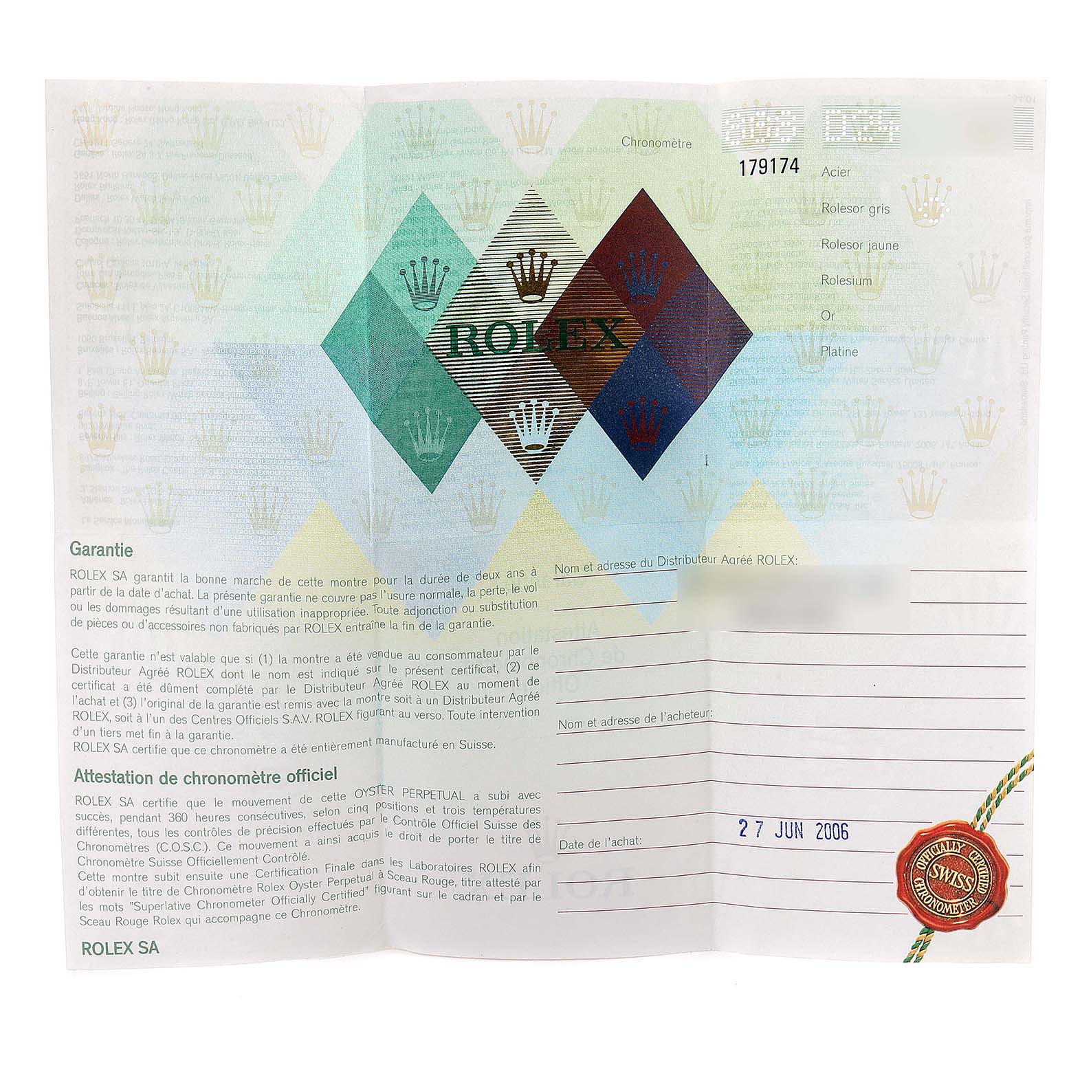 This image shows the warranty certificate for a Rolex Datejust 179174 Women
s Stainless Steel White Dial 179174 Women
s Stainless Steel White Dial model, dated June 27, 2006.