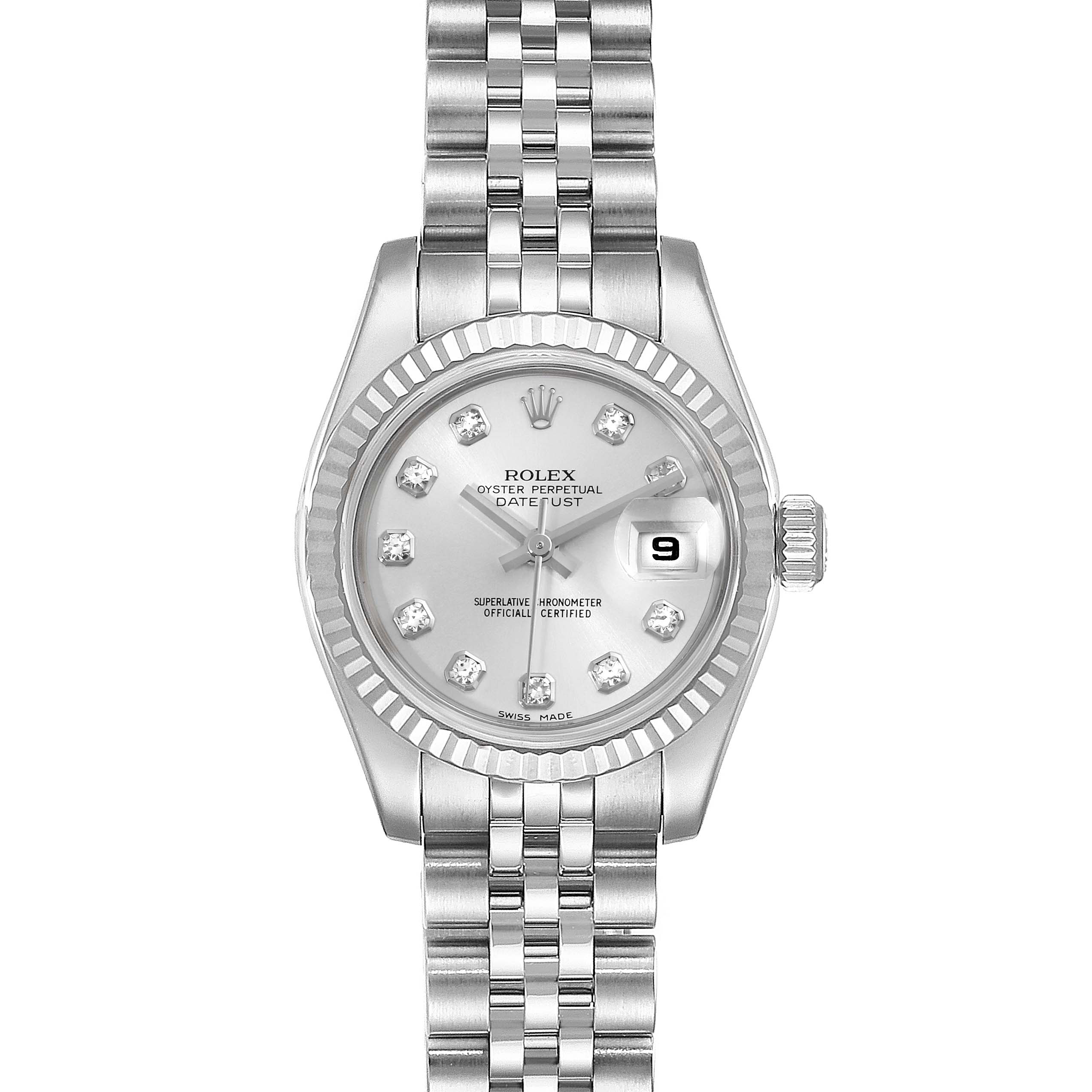 The image shows a frontal view of a Rolex Datejust 179174 Women
s Stainless Steel White Dial 179174 Women
s Stainless Steel White Dial watch, highlighting its dial, bezel, bracelet, and date window.
