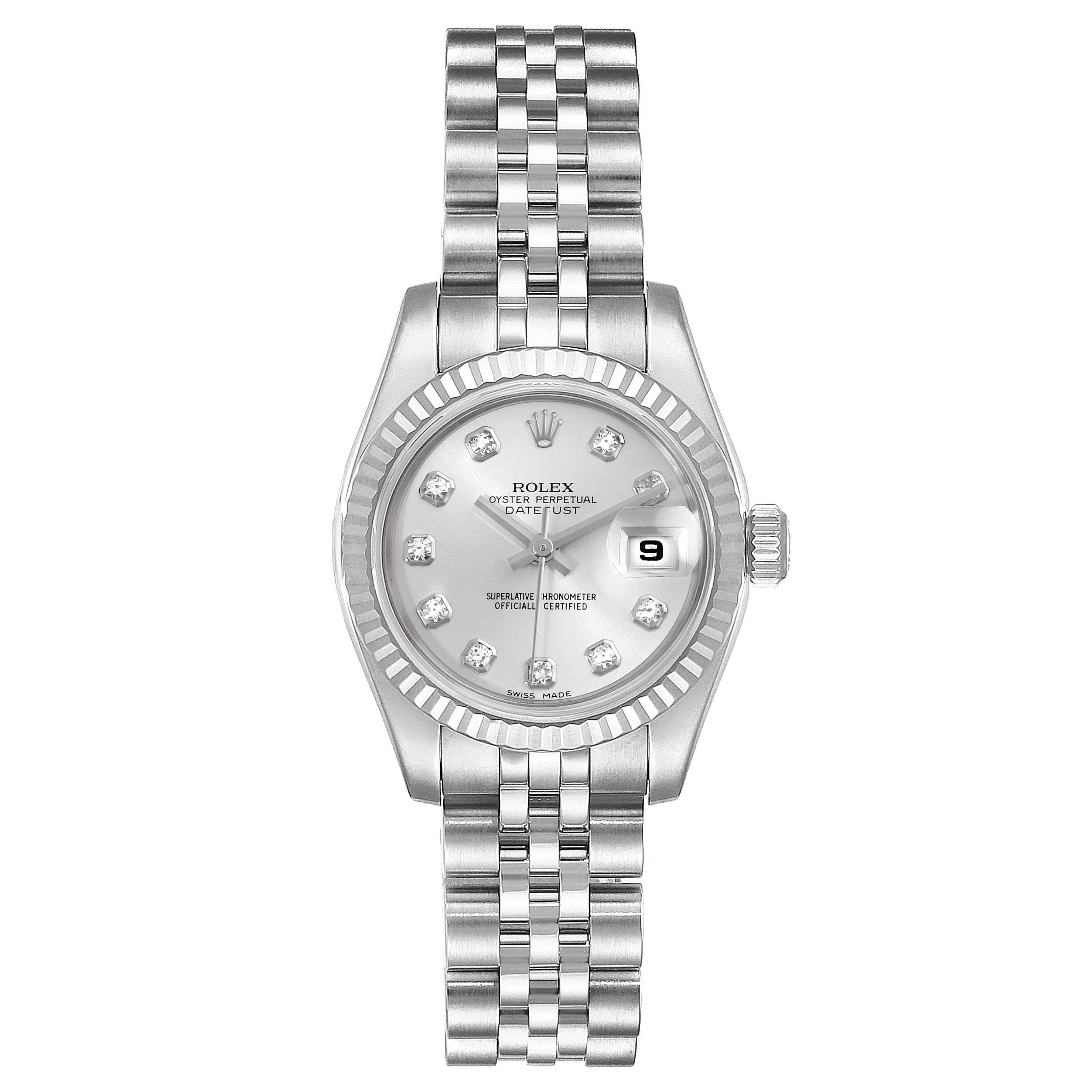 This image shows a front view of a Rolex Datejust 179174 Women
s Stainless Steel White Dial 179174 Women
s Stainless Steel White Dial watch, displaying the dial, fluted bezel, and jubilee bracelet.