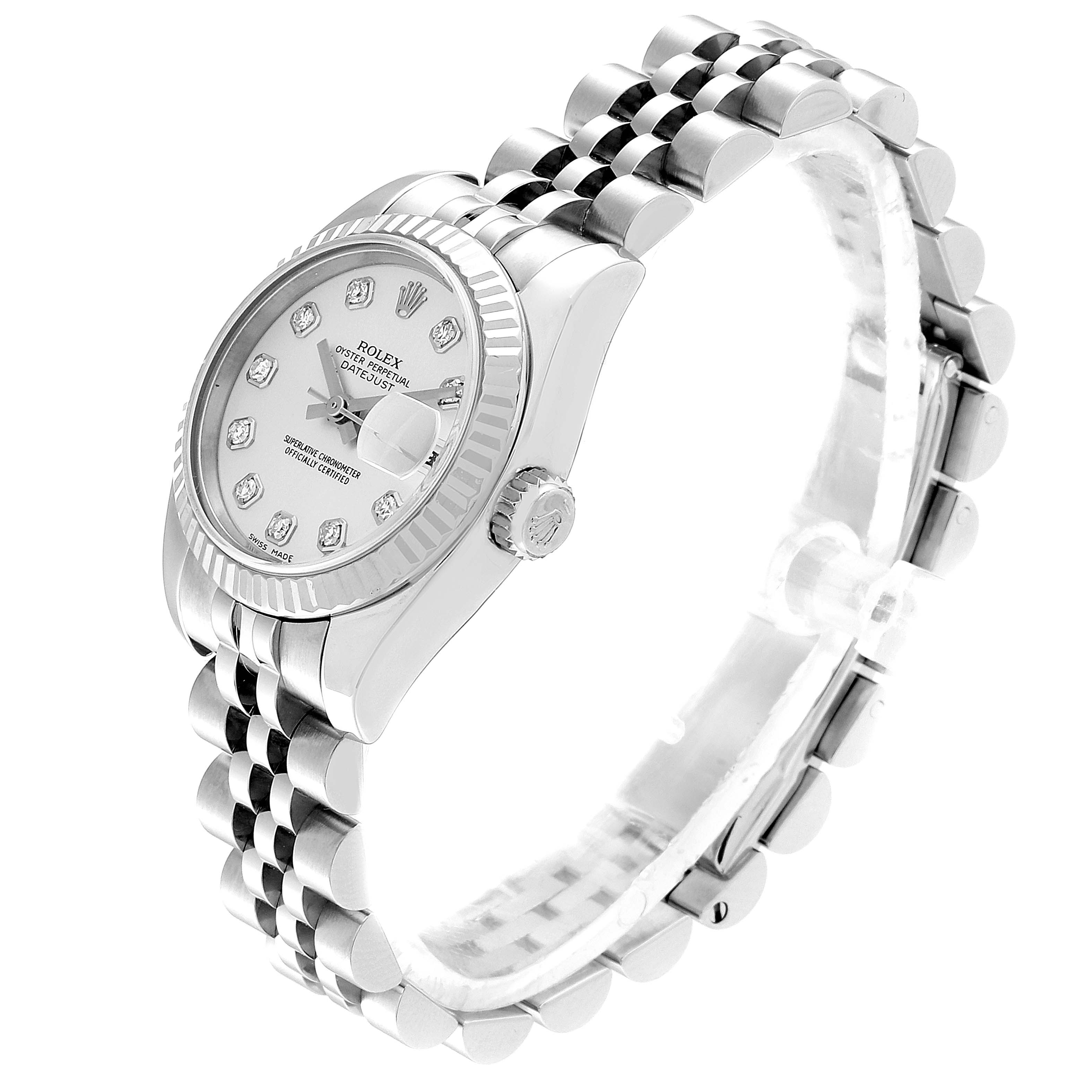 The Rolex Datejust 179174 Women
s Stainless Steel White Dial 179174 Women
s Stainless Steel White Dial watch is shown from a side angle, highlighting the dial, bezel, crown, and part of the bracelet.