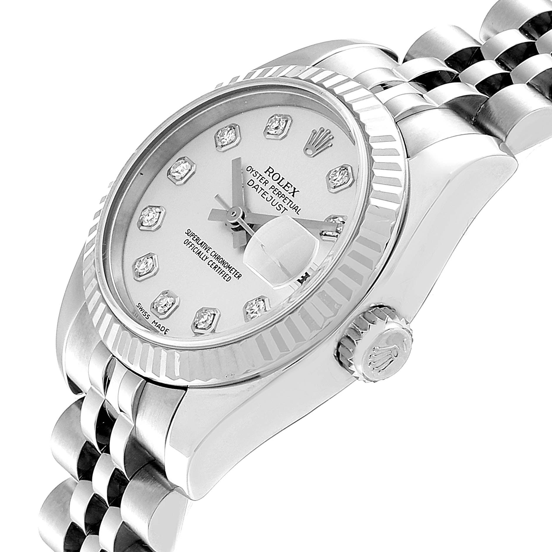This Rolex Datejust 179174 Women
s Stainless Steel White Dial 179174 Women
s Stainless Steel White Dial watch is shown at an oblique angle, showcasing the dial, bezel, crown, and part of the bracelet.