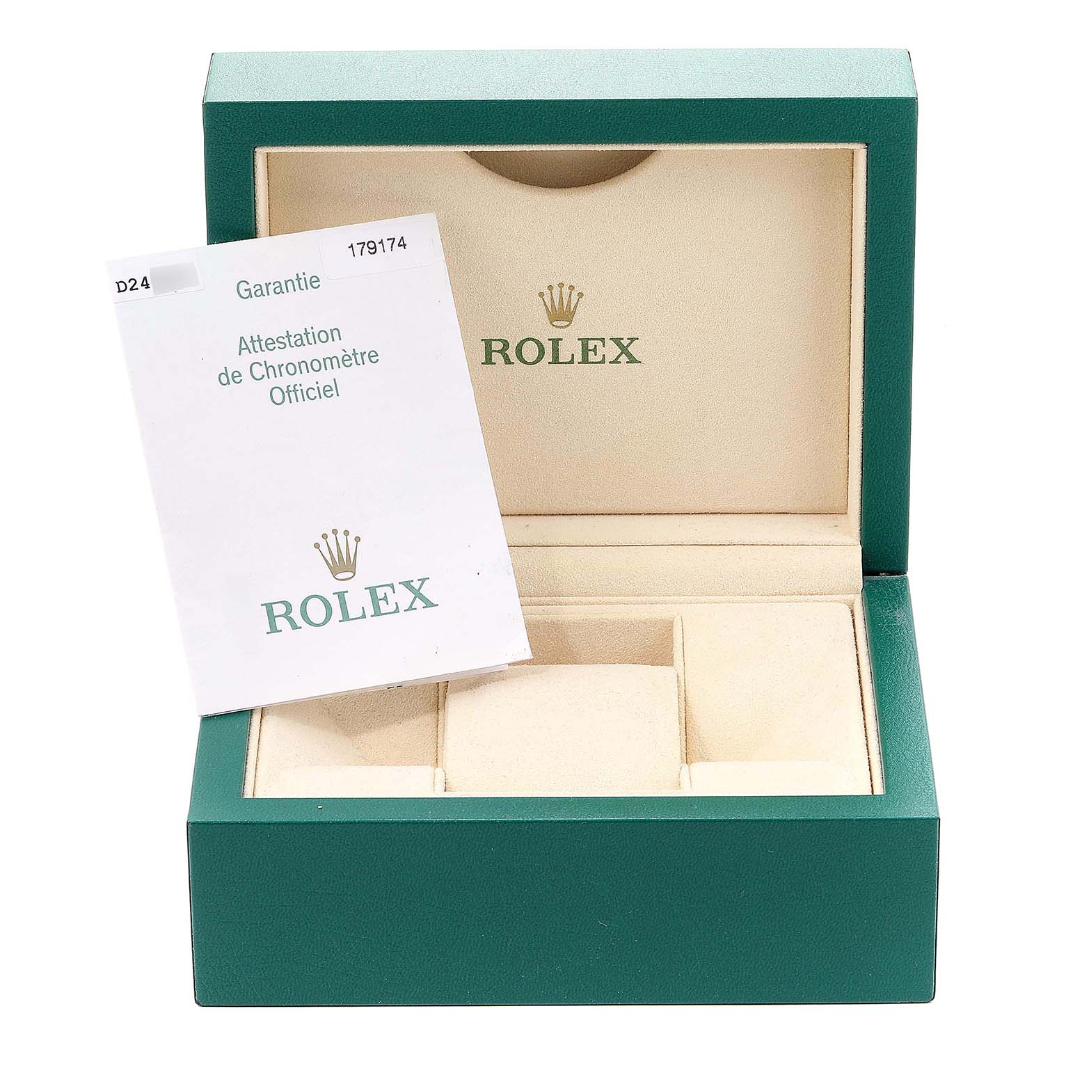 The image shows the open box and warranty card for a Rolex Datejust 179174 Women
s Stainless Steel White Dial 179174 Women
s Stainless Steel White Dial model.