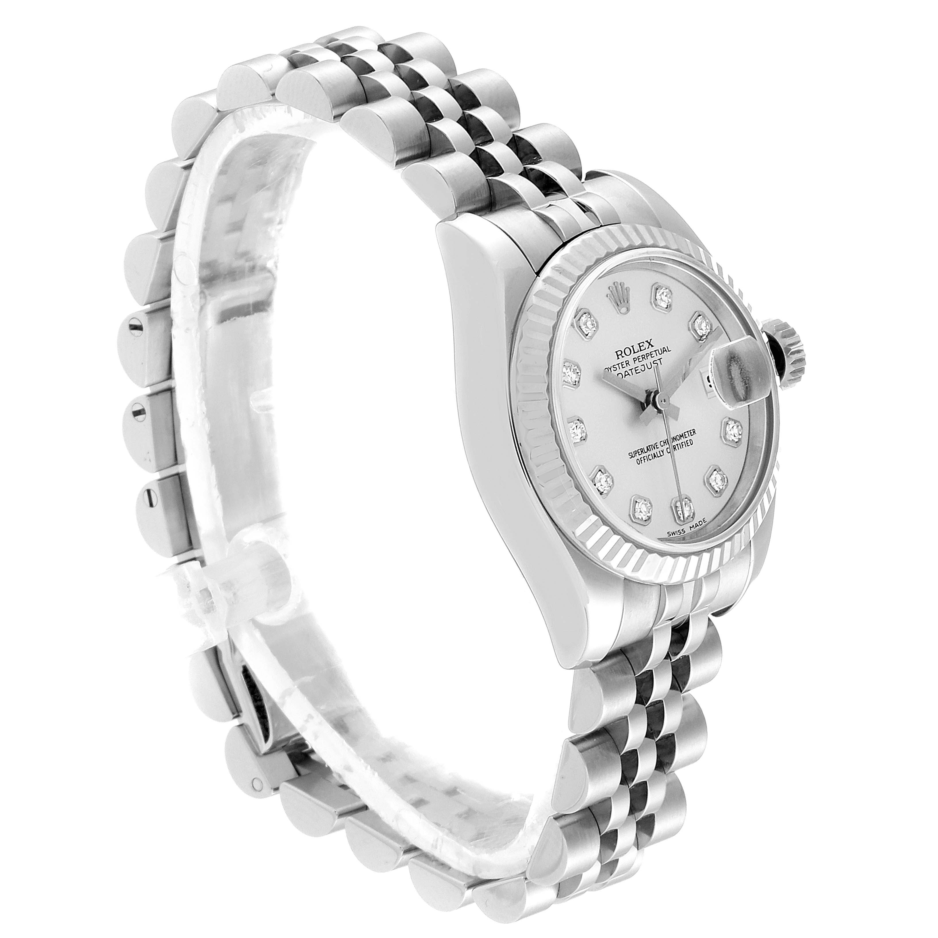 The image shows a side angle of a Rolex Datejust 179174 Women
s Stainless Steel White Dial 179174 Women
s Stainless Steel White Dial watch, highlighting the bezel, dial, and bracelet.