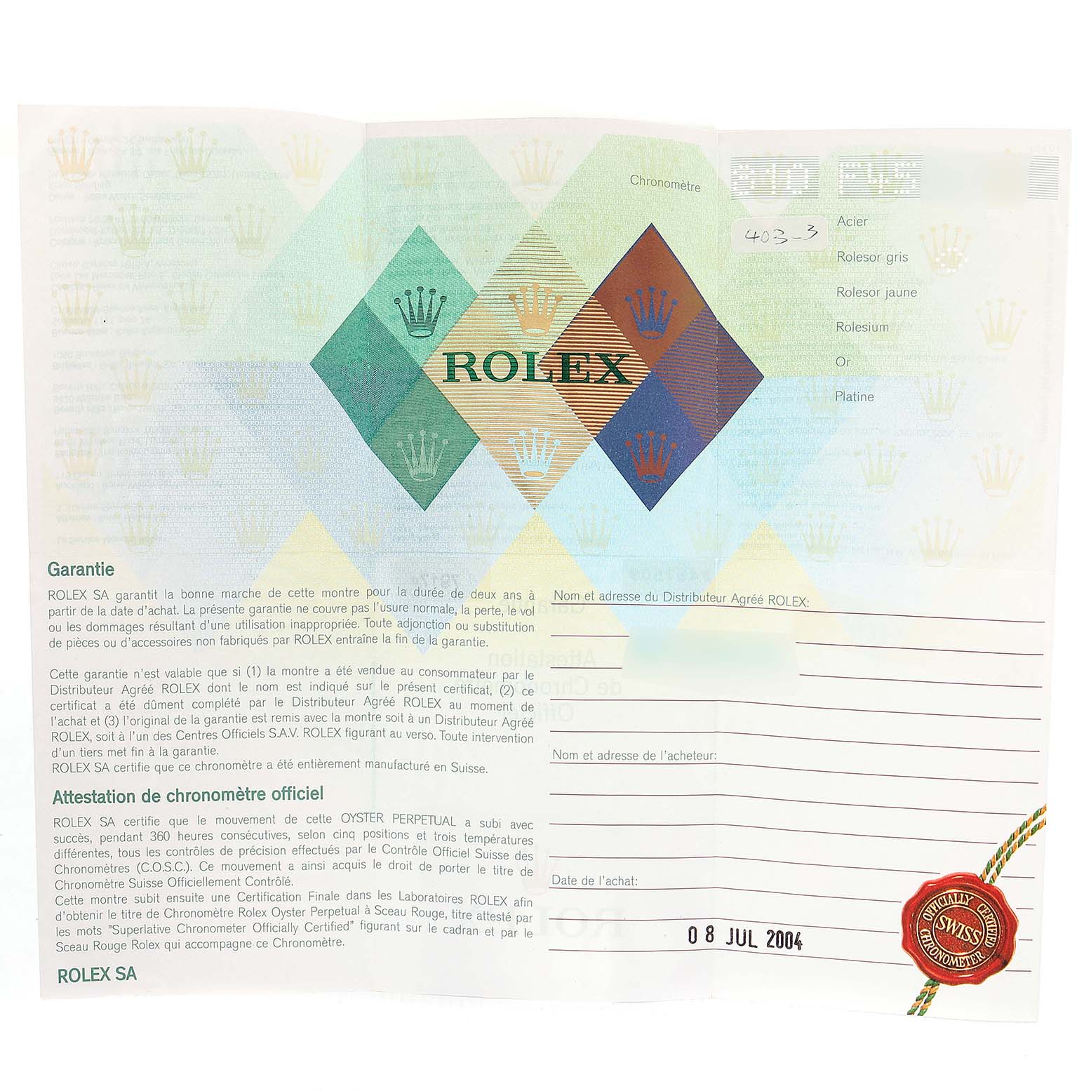 This image shows the warranty and certification paperwork for a Rolex Datejust 79174 Women's Stainless Steel Mother of Pearl Dial 79174 Women's Stainless Steel Mother of Pearl Dial watch.