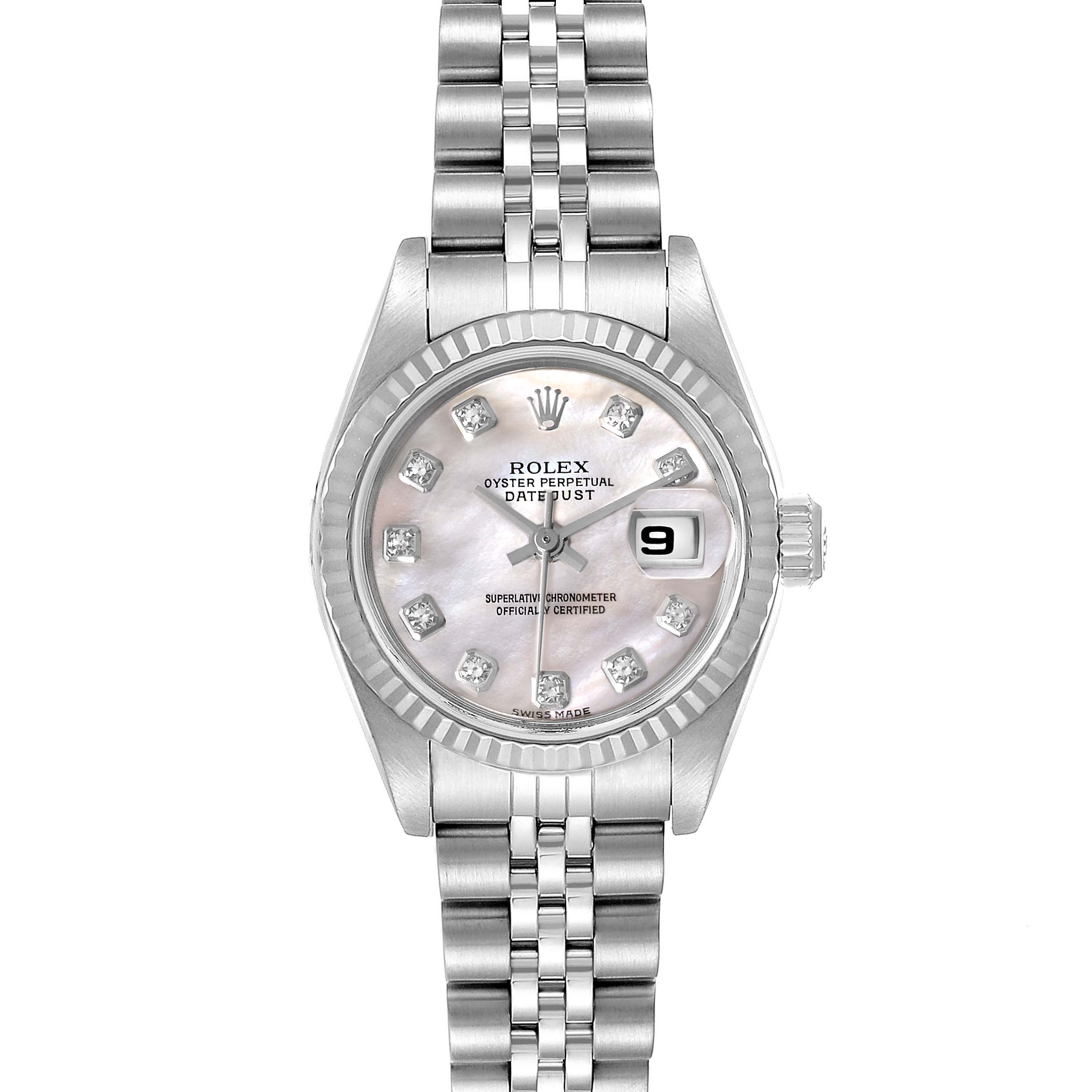The image shows a front view of a Rolex Datejust 79174 Women's Stainless Steel Mother of Pearl Dial 79174 Women's Stainless Steel Mother of Pearl Dial watch displaying its dial, bracelet, bezel, and crown.