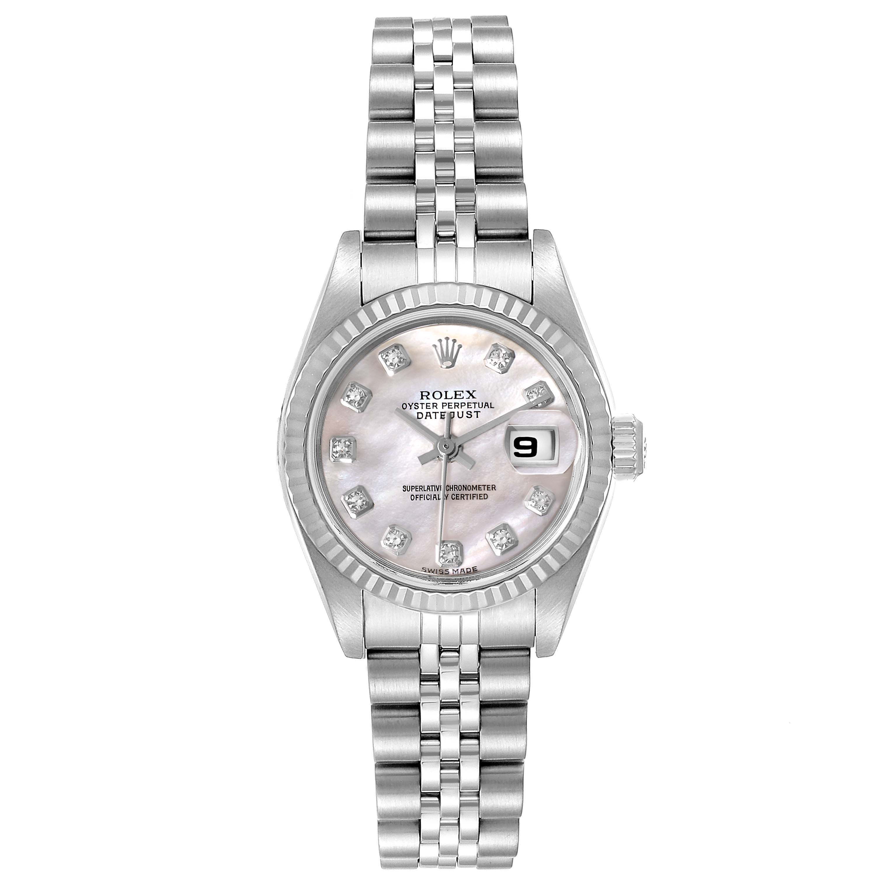 The Rolex Datejust 79174 Women's Stainless Steel Mother of Pearl Dial 79174 Women's Stainless Steel Mother of Pearl Dial model watch is shown from a front angle, highlighting its dial, bezel, and bracelet.