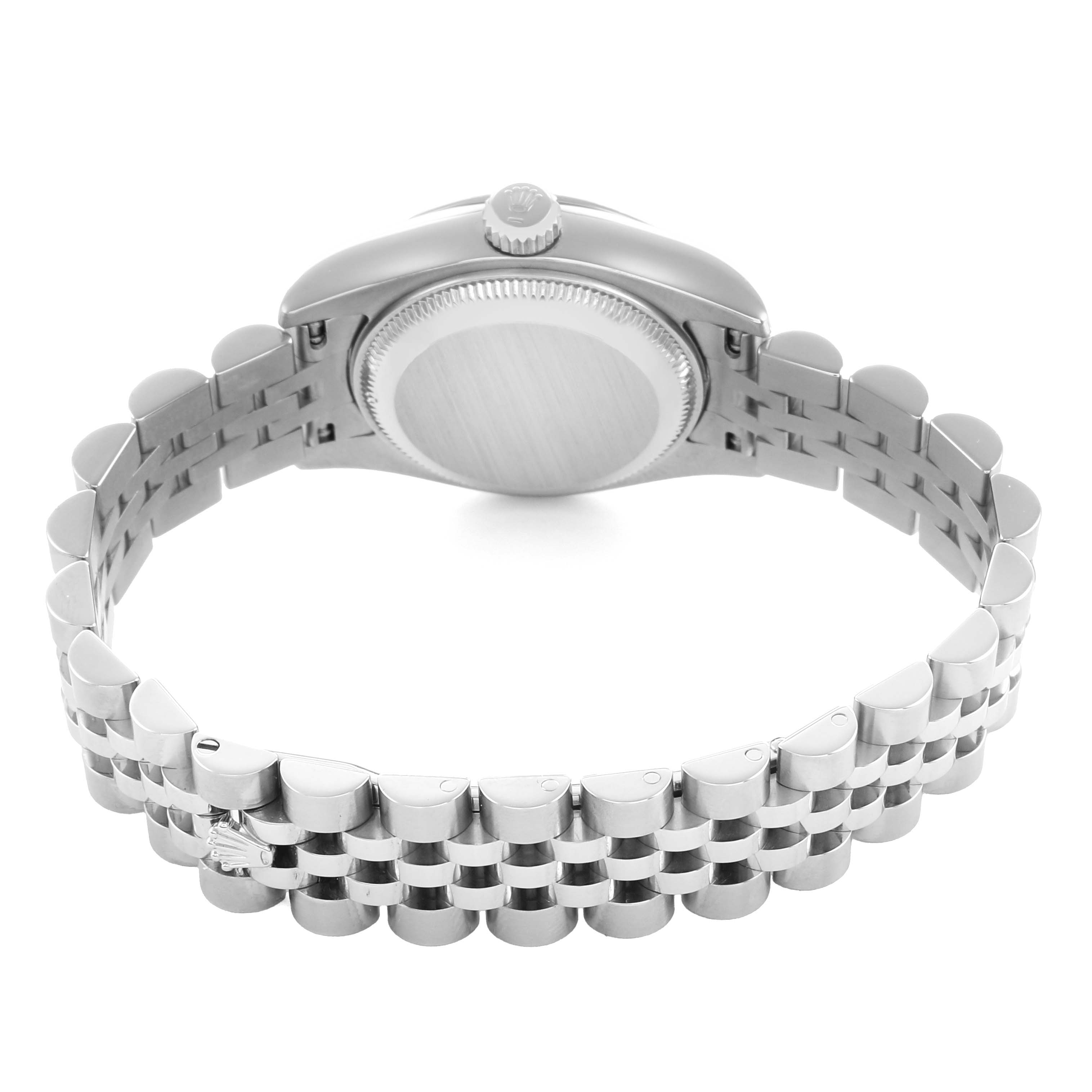 The Rolex Datejust 179174 Women's Stainless Steel White Dial watch is shown from the back, displaying the case back and Jubilee bracelet.