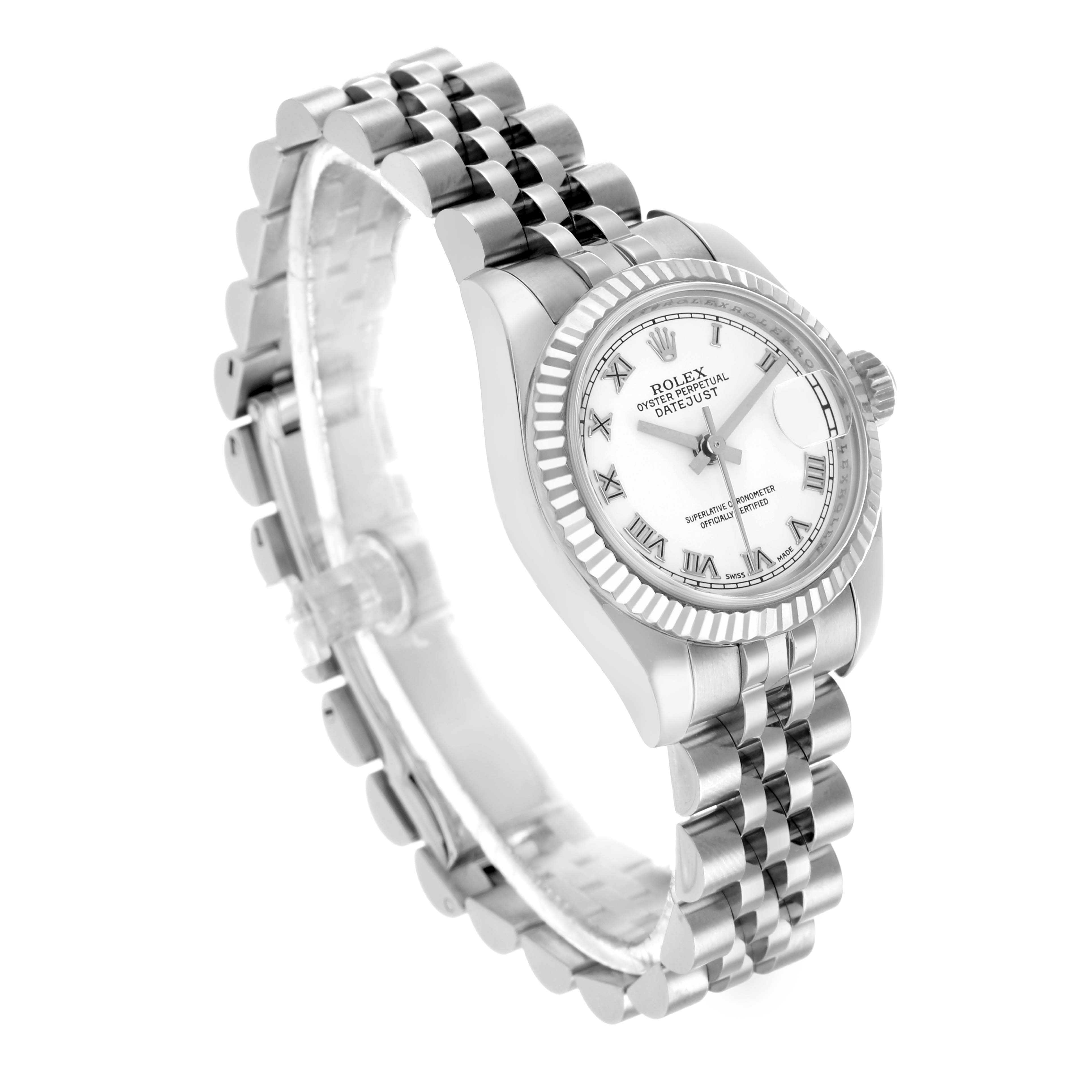The Rolex Datejust 179174 Women's Stainless Steel White Dial watch is shown at a three-quarter angle, highlighting the face, bezel, and bracelet.