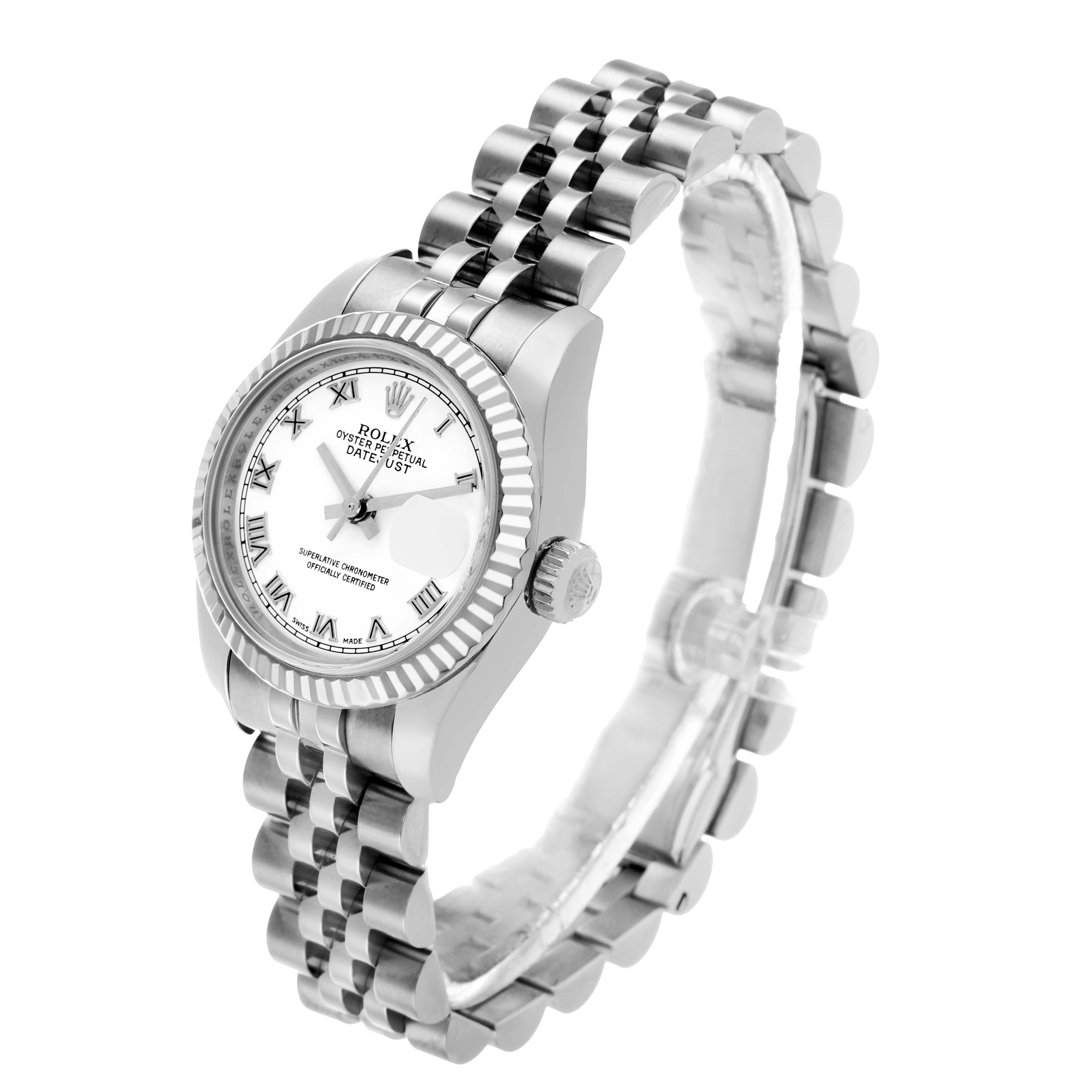 The Rolex Datejust 179174 Women's Stainless Steel White Dial watch is shown at a slight angle, displaying its face, bezel, and bracelet clearly.