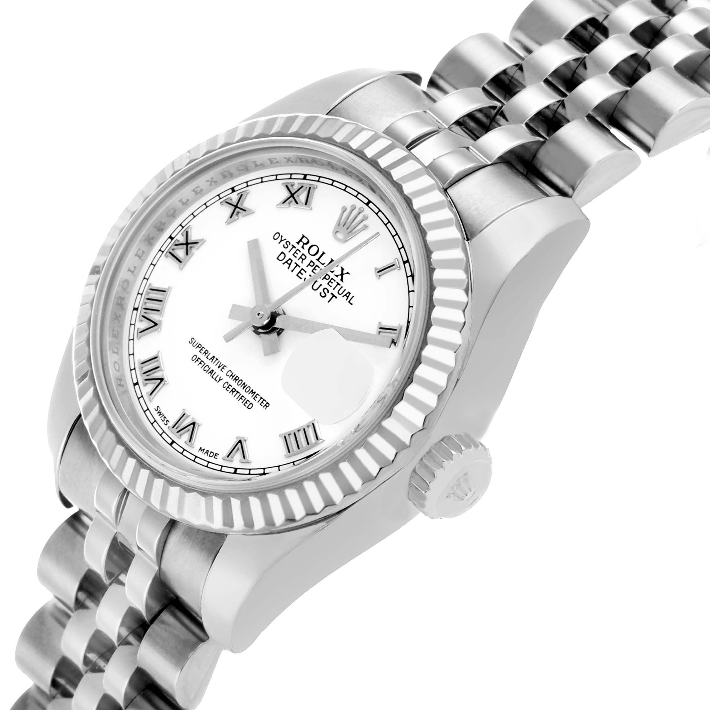 The Rolex Datejust 179174 Women's Stainless Steel White Dial watch is shown at an angled view, highlighting the bezel, crown, and bracelet.