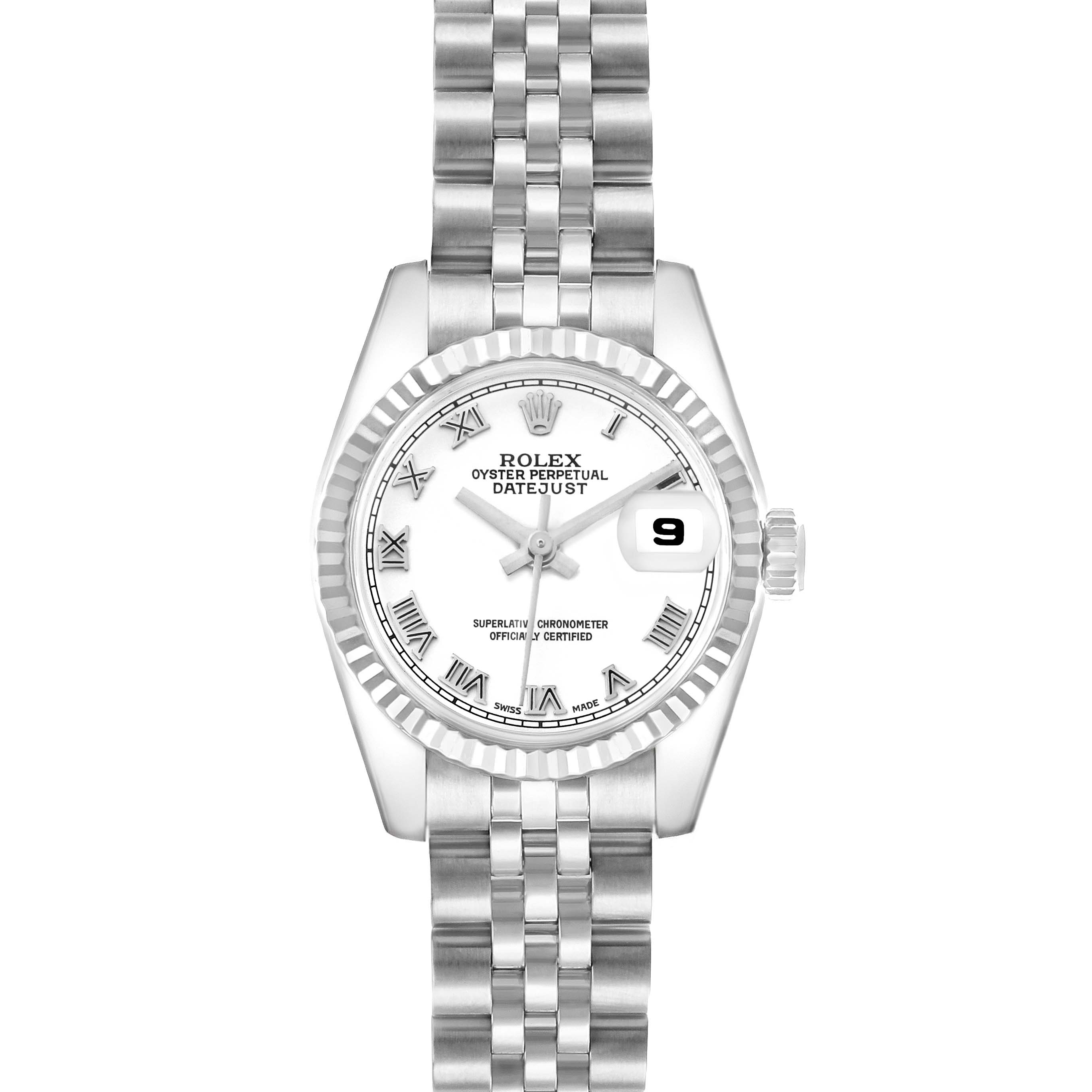 The Rolex Datejust 179174 Women's Stainless Steel White Dial watch is shown from a top-down angle, displaying the face, bezel, and part of the bracelet.
