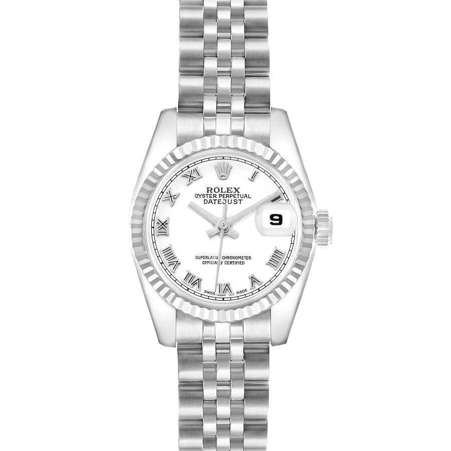 The Rolex Datejust 179174 Women's Stainless Steel White Dial watch is shown from a top-down angle, displaying the face, bezel, and part of the bracelet.