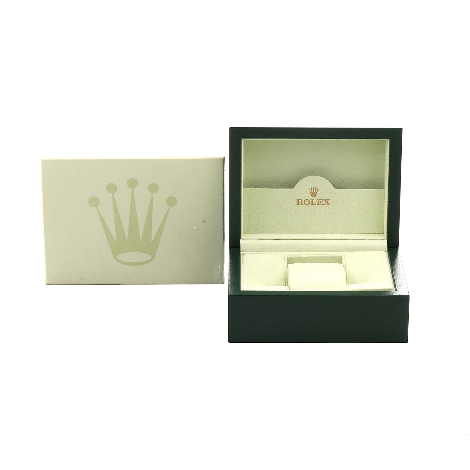 The image shows an open Rolex Datejust 179174 Women's Stainless Steel White Dial watch box and an outer cardboard box featuring the Rolex logo.