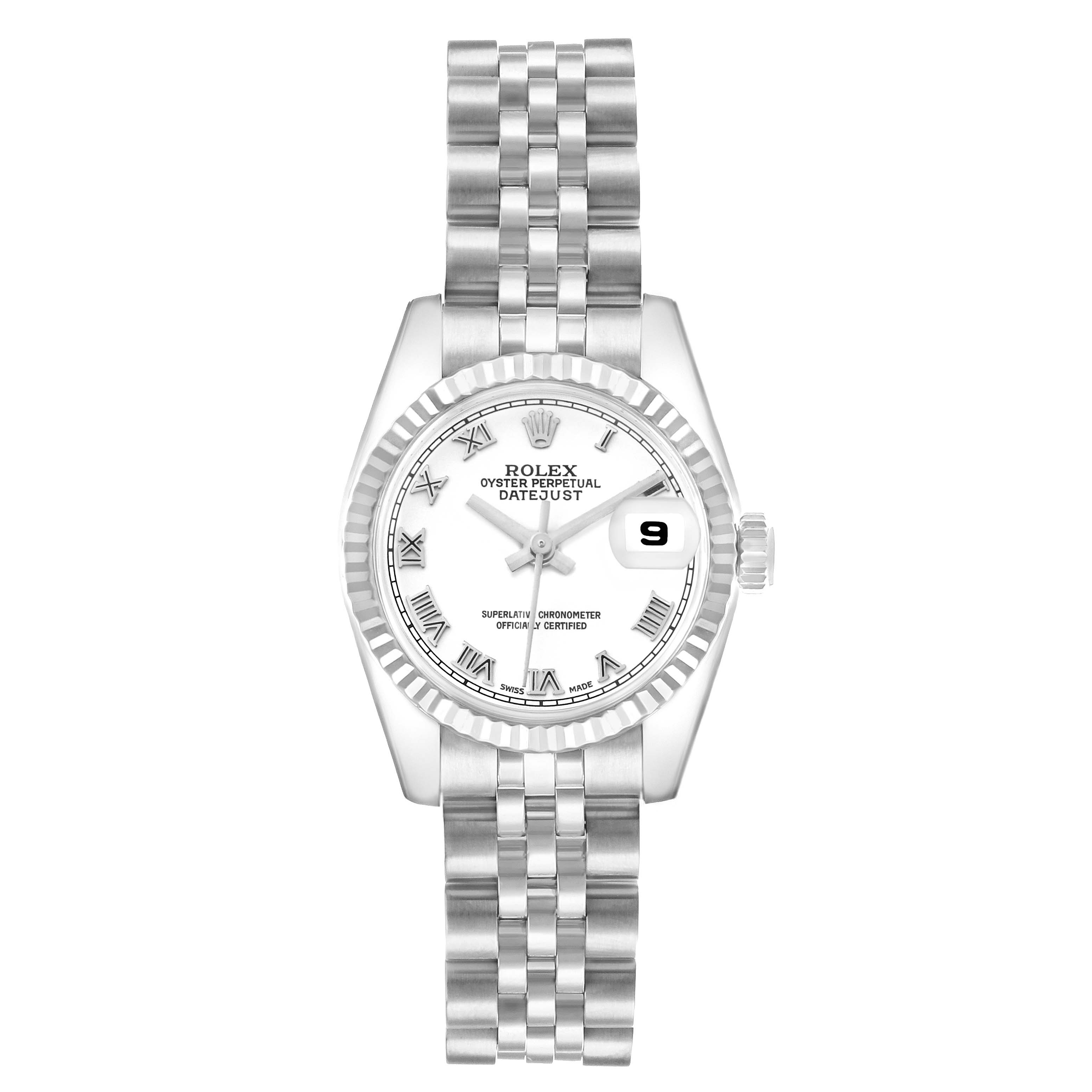 The Rolex Datejust 179174 Women's Stainless Steel White Dial watch is shown from a top-down angle, displaying its face, bezel, bracelet, and crown.