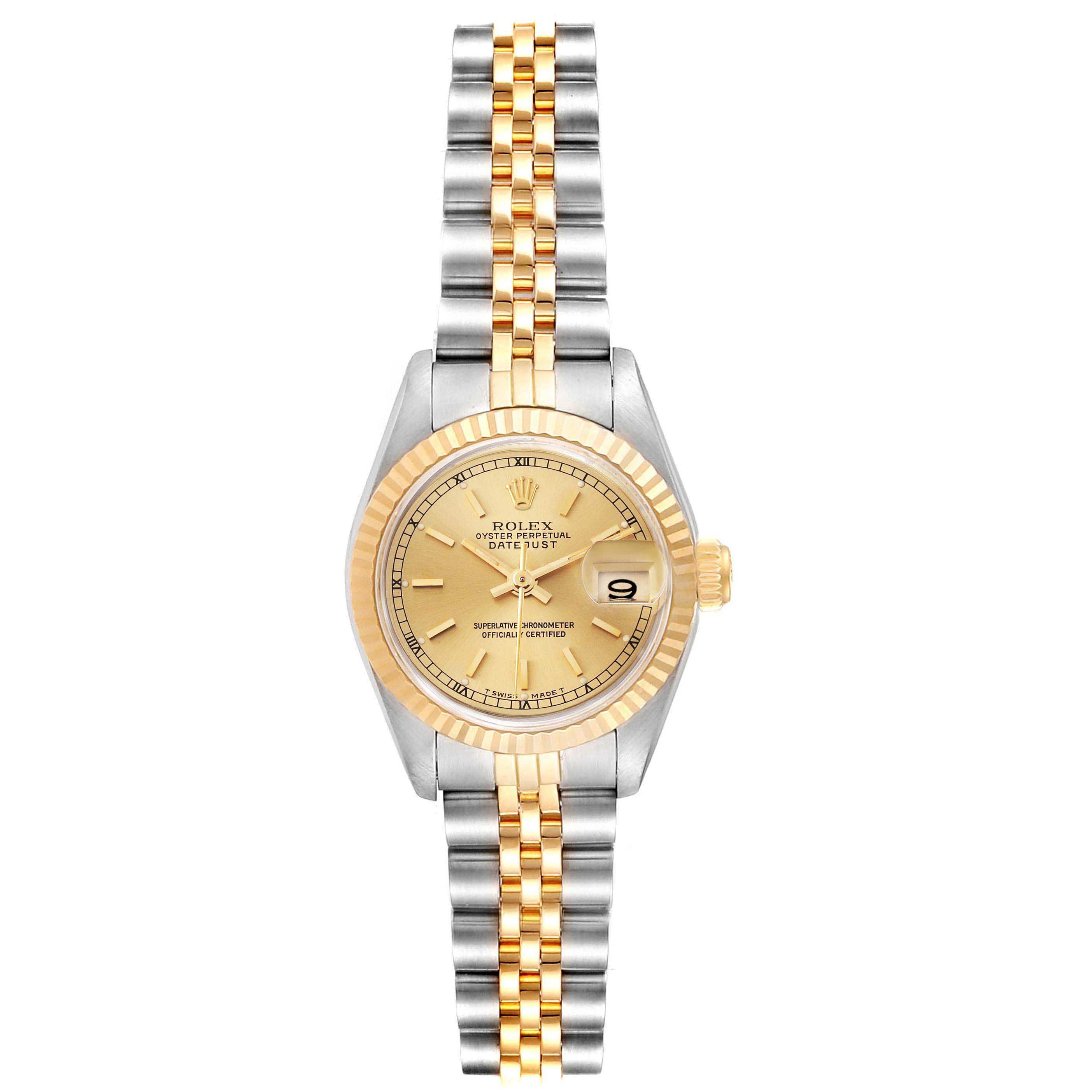 The image shows a front view of a Rolex Datejust 69173 Women's Steel and Gold (two tone) Champagne Dial 69173 Women's Steel and Gold (two tone) Champagne Dial watch, displaying its gold and silver bracelet, dial, and date window.
