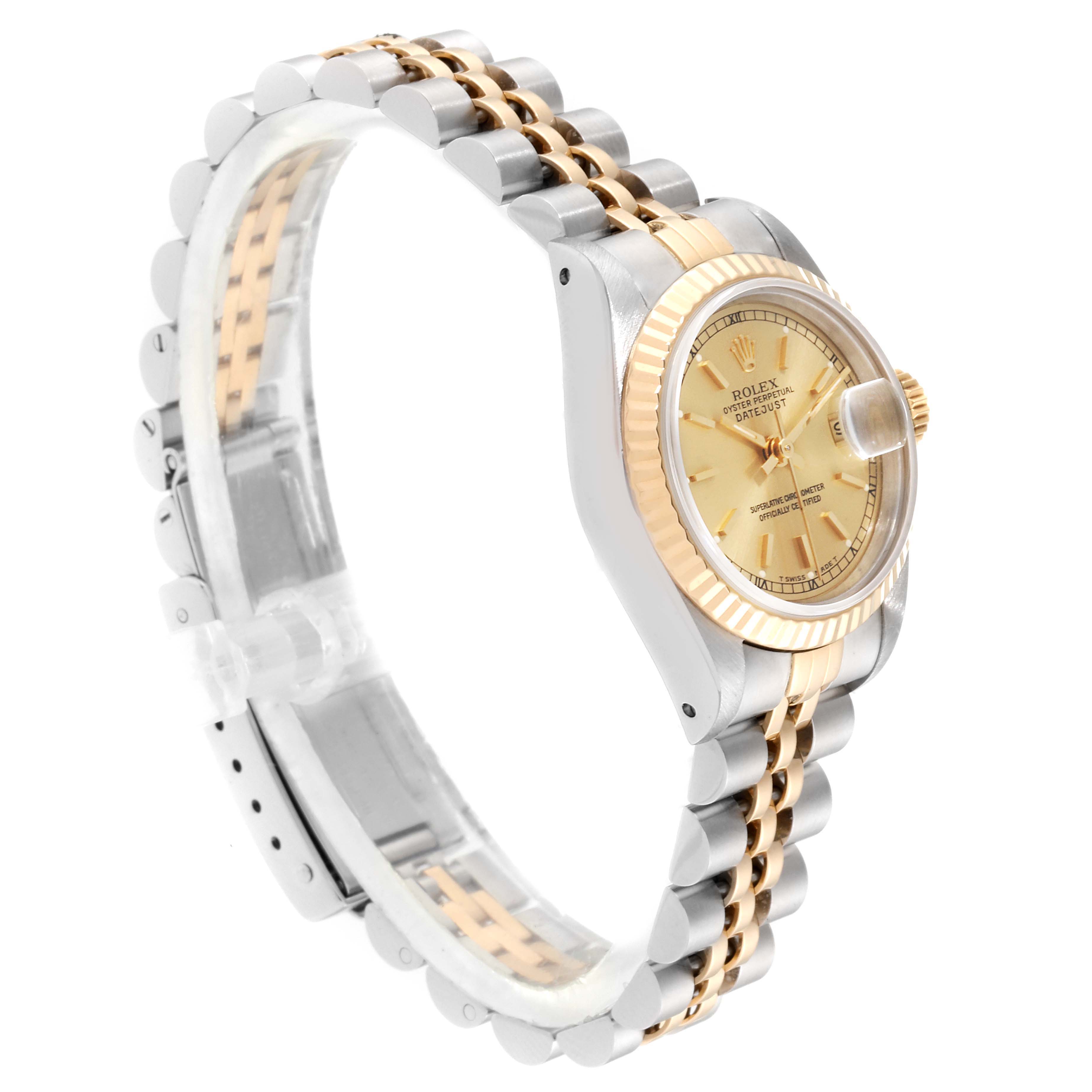 This image shows a Rolex Datejust 69173 Women's Steel and Gold (two tone) Champagne Dial 69173 Women's Steel and Gold (two tone) Champagne Dial watch from a side angle, highlighting its dial, bezel, and two-tone bracelet.