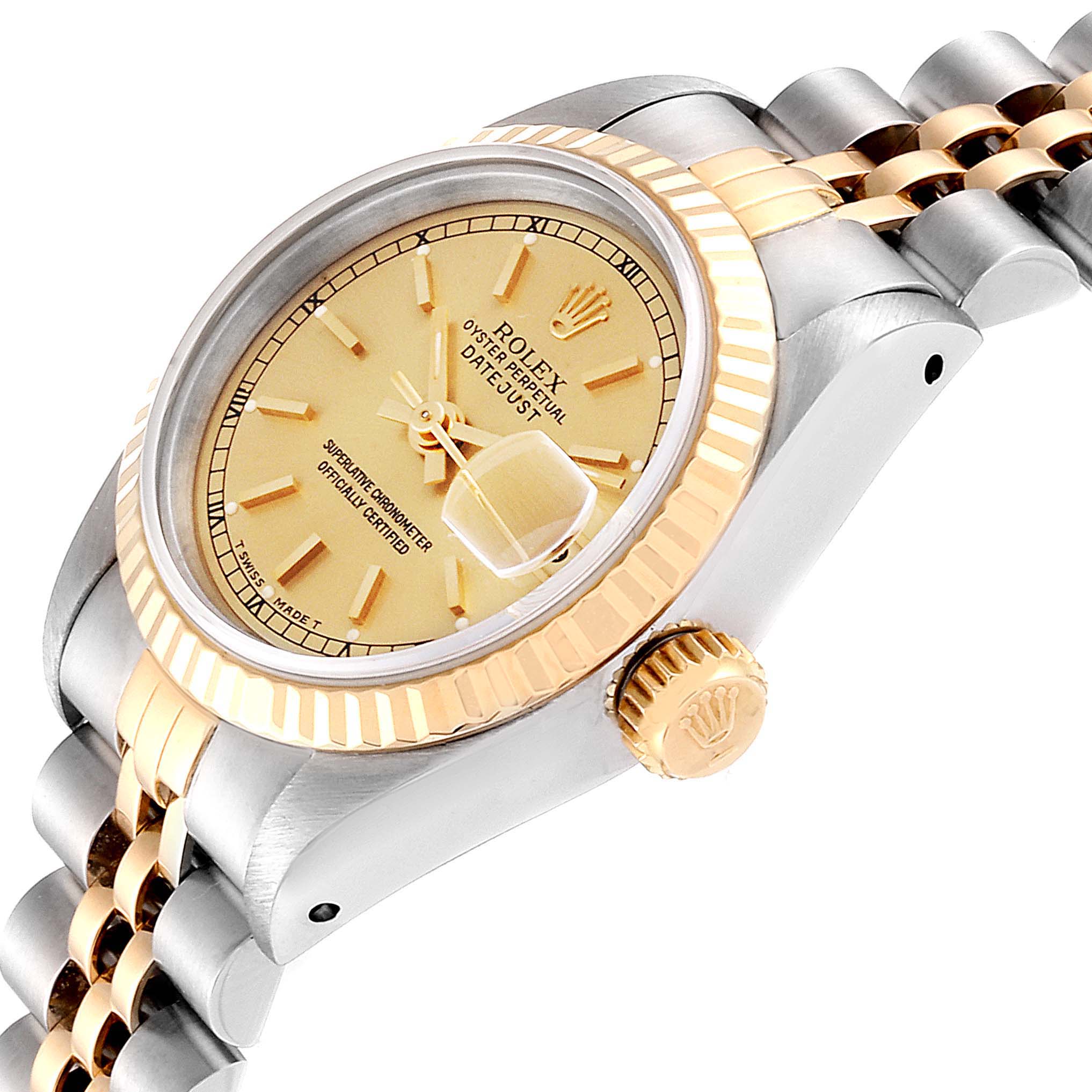 The image shows a side angle of the Rolex Datejust 69173 Women's Steel and Gold (two tone) Champagne Dial 69173 Women's Steel and Gold (two tone) Champagne Dial watch, highlighting the crown, bezel, and part of the bracelet.