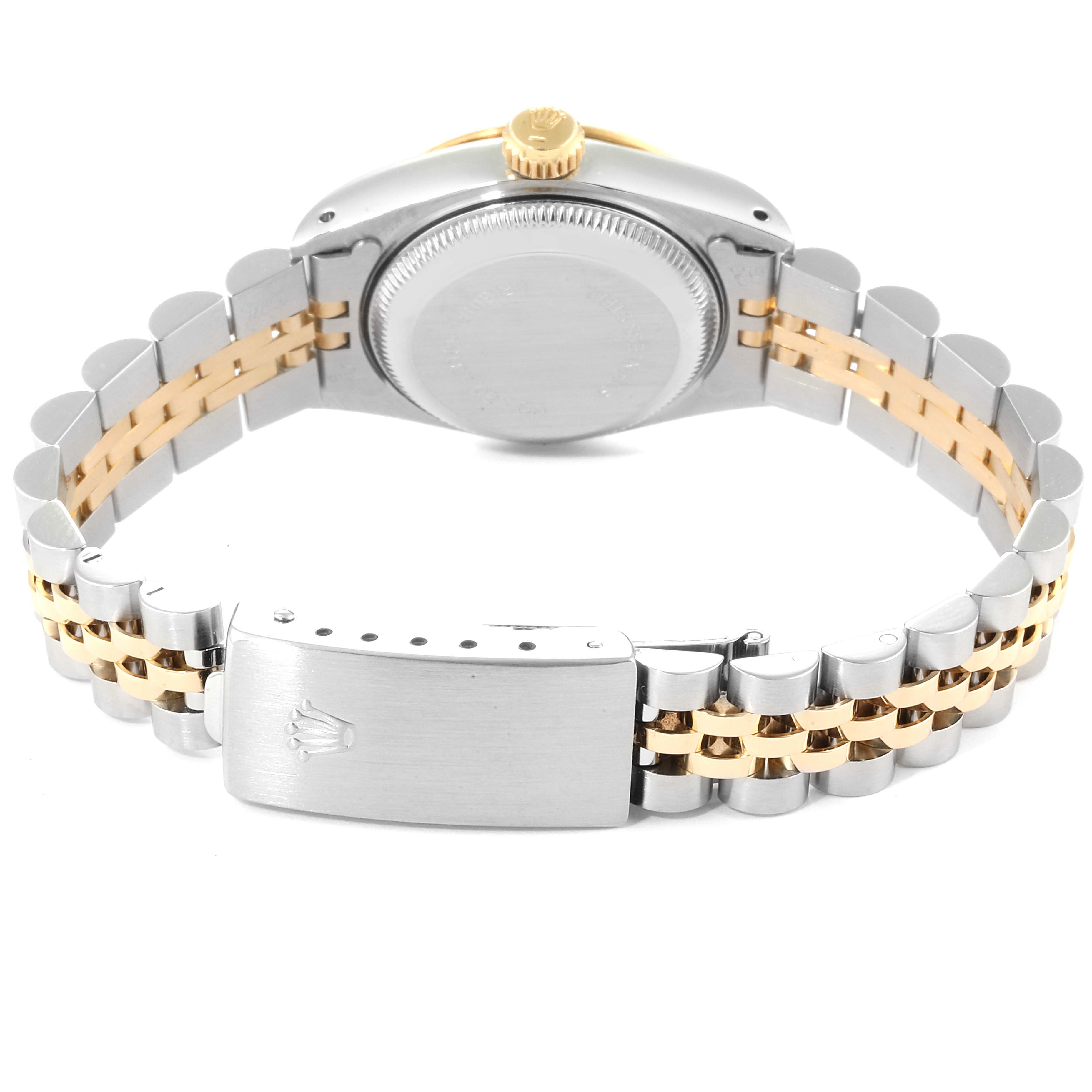 This image shows the back view of a Rolex Datejust 69173 Women's Steel and Gold (two tone) Champagne Dial 69173 Women's Steel and Gold (two tone) Champagne Dial watch, including its bracelet, clasp, and crown.