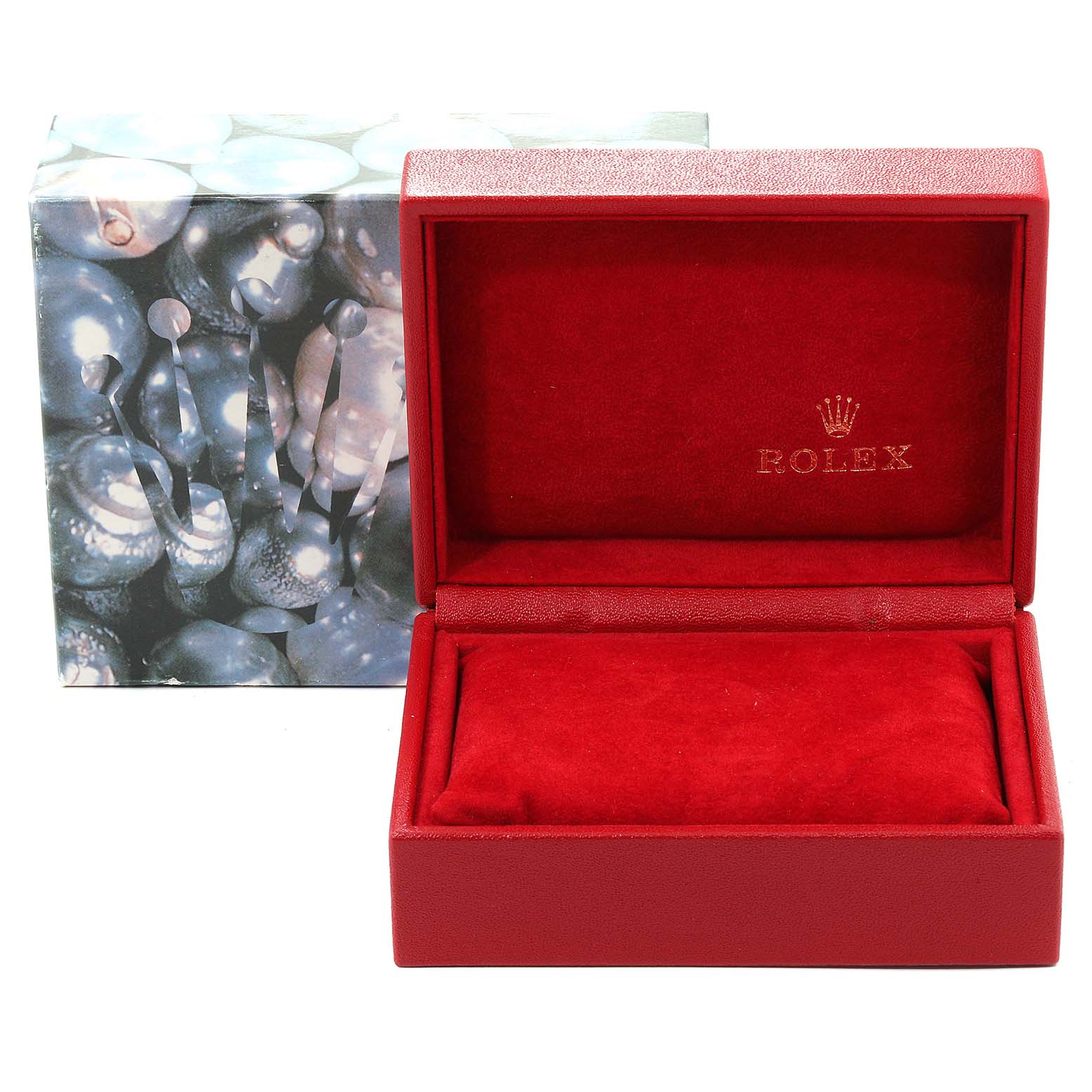 The image shows an open Rolex Datejust 69173 Women's Steel and Gold (two tone) Champagne Dial 69173 Women's Steel and Gold (two tone) Champagne Dial watch box in red, revealing the interior with the Rolex logo and branding.