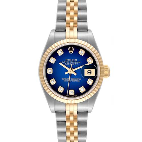 The Rolex Datejust model watch is shown from the front, highlighting its blue dial, diamond indices, date window, and two-tone bracelet.