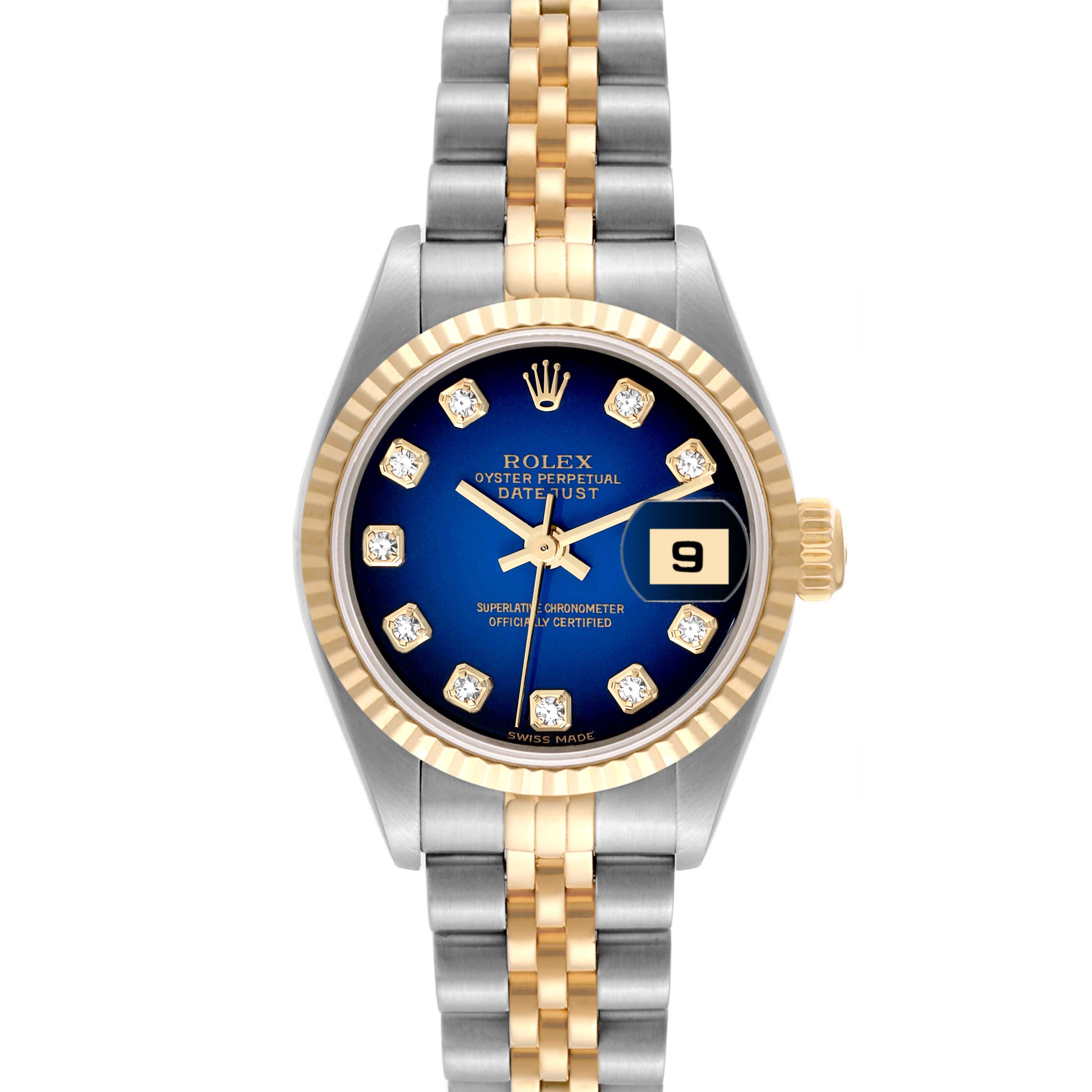 The image shows a front view of a Rolex Datejust 79173 Women's Steel and Gold (two tone) Blue Dial 79173 Women's Steel and Gold (two tone) Blue Dial watch with a two-tone bracelet and blue dial, featuring diamond hour markers.