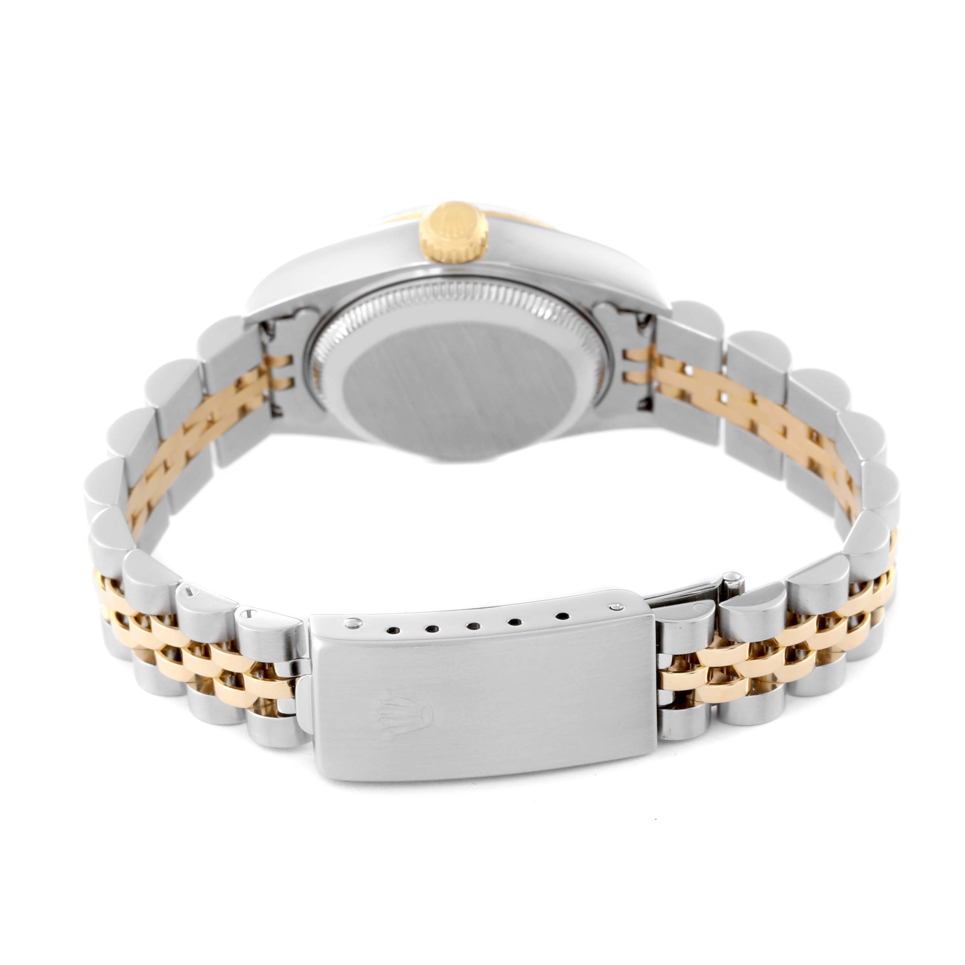 The image shows the back case and bracelet of the Rolex Datejust 79173 Women's Steel and Gold (two tone) Blue Dial 79173 Women's Steel and Gold (two tone) Blue Dial watch, featuring a two-tone metal link design and clasp.