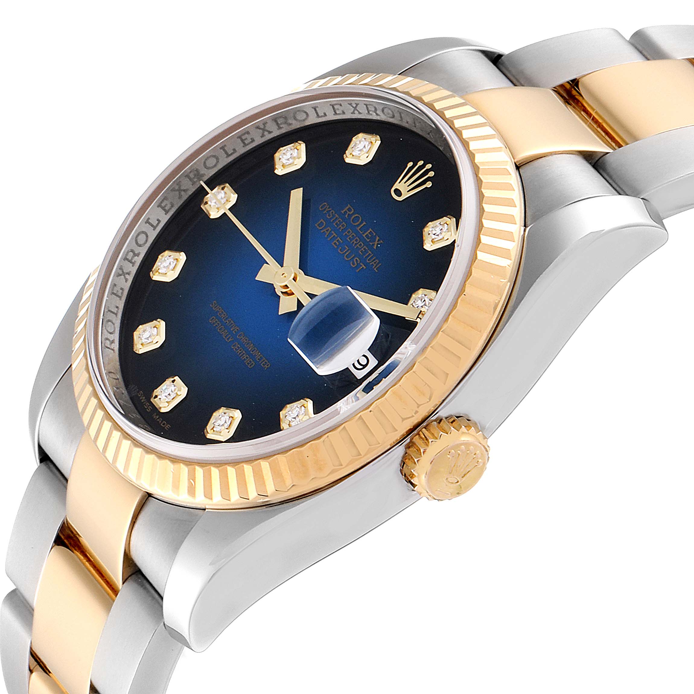 This image shows a close-up, angled view of the Rolex Datejust 116233 Men's Steel and Gold (two tone) Blue Dial 116233 Men's Steel and Gold (two tone) Blue Dial watch, highlighting its dial, bezel, crown, and part of the bracelet.